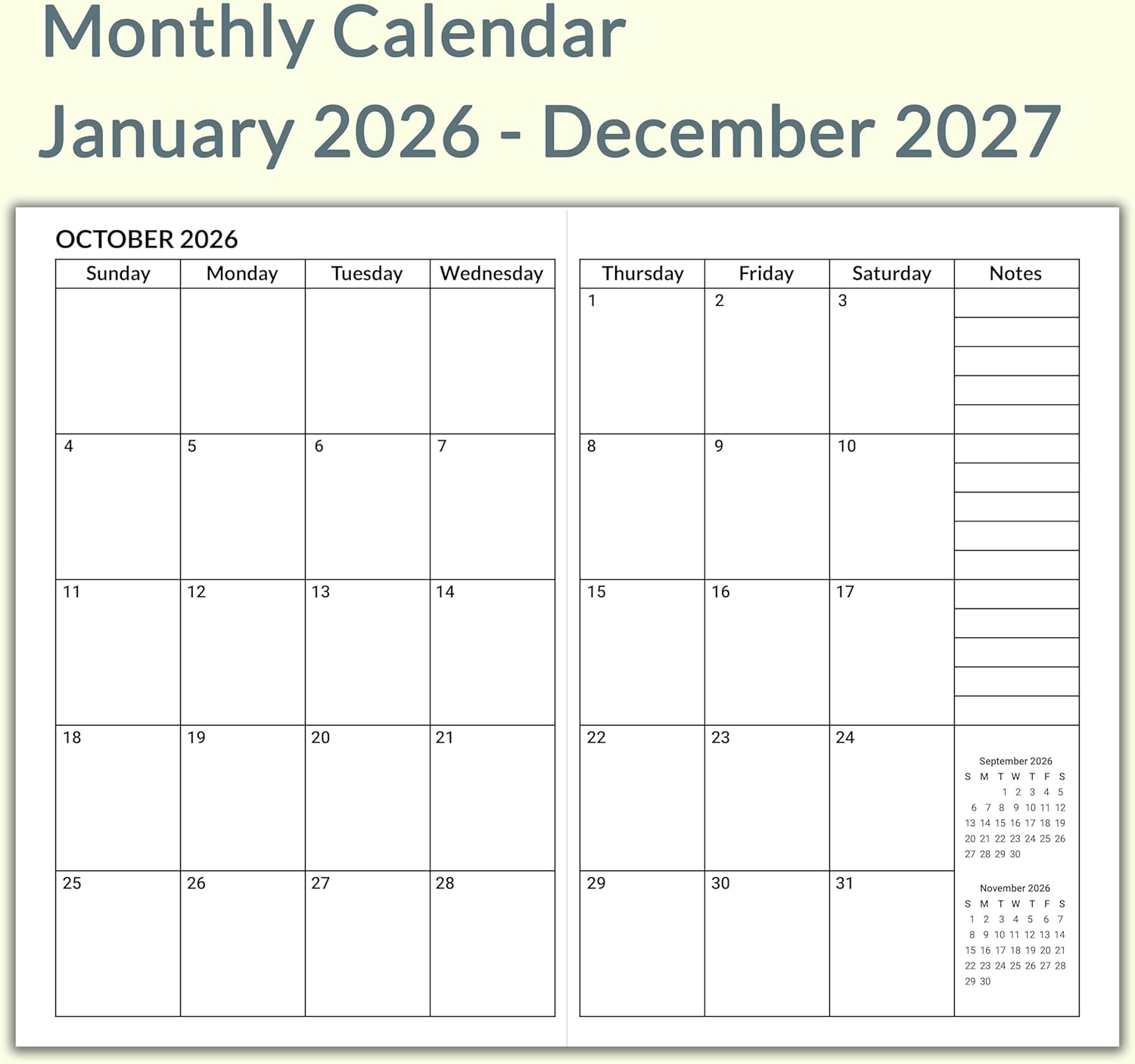 A5 Calendar Planner Jan 2026 - Dec 2027, Travelers Notebook Inserts fo