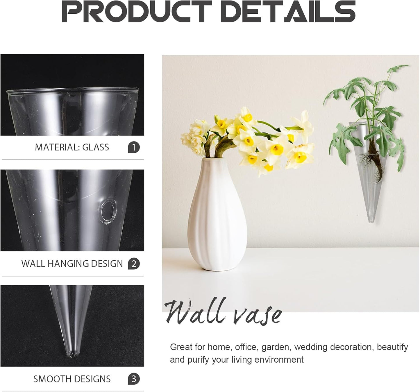 3Pcs Wall Hanging Hydroponic Glass Vase Cone Shape Plant Holder for Home Decoration Space-Saving Planter for Indoor Flowers Modern European Style Wall Adornment