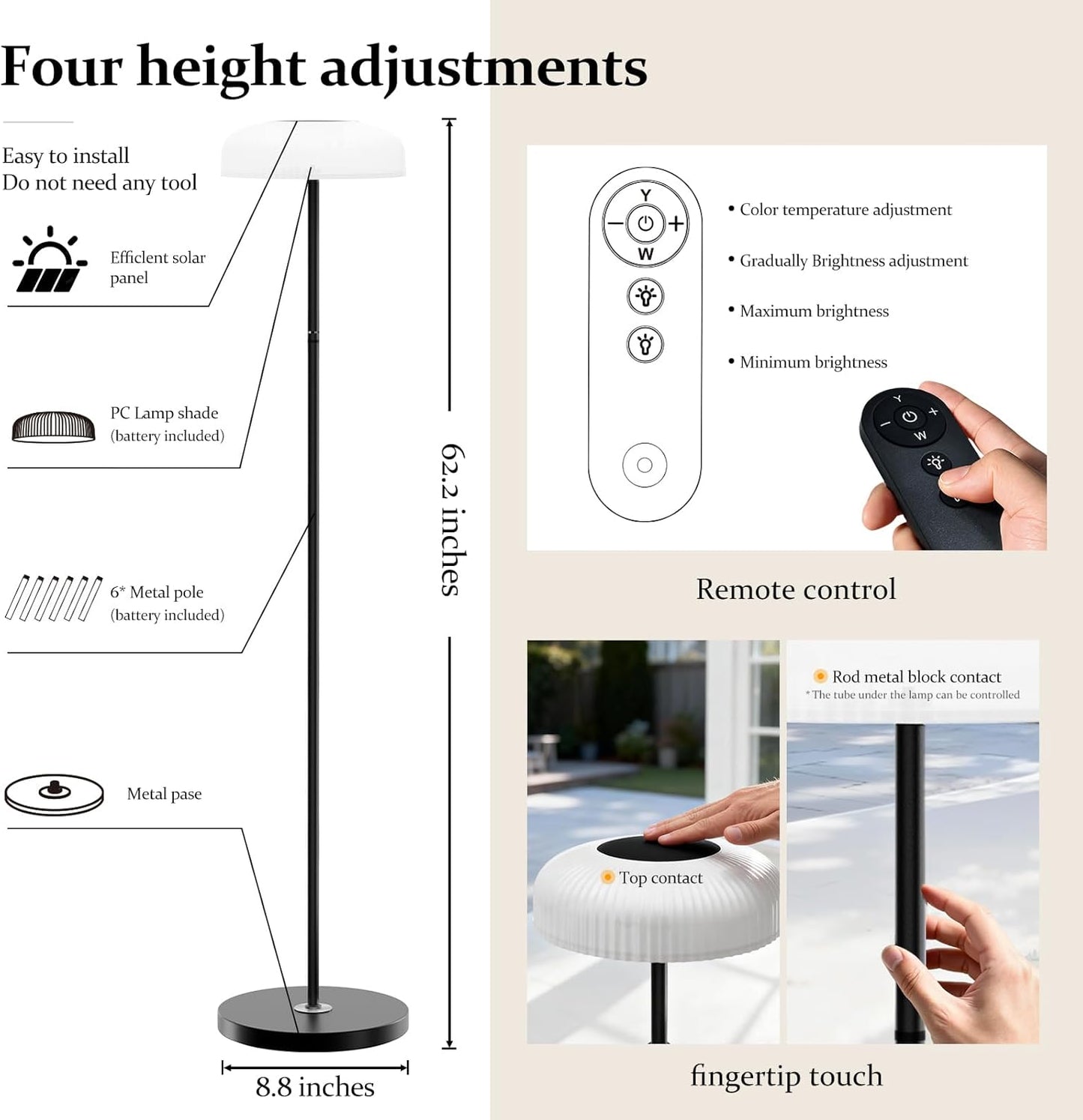 M KARMATER Solar Outdoor Floor Lamp for Patio,IP65 Waterproof Cordless Standing Lamp with Remote Control & Touch Sensor, Tall Rechargeable Ambient Light for Porch Garden & Living Room,Warm/White,USB-C