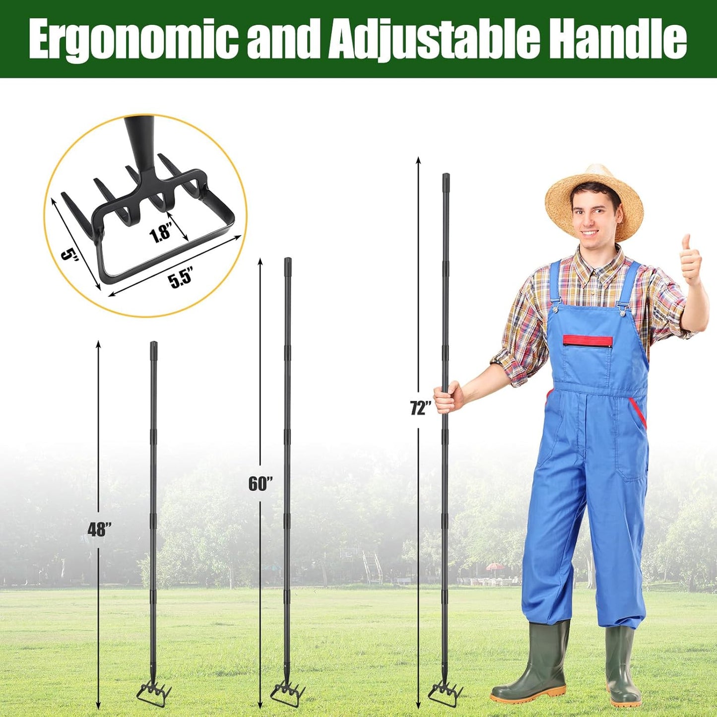 2-in-1 Garden Hoe Tool, Adjustable Length from 37 to 60inch, Ergonomic