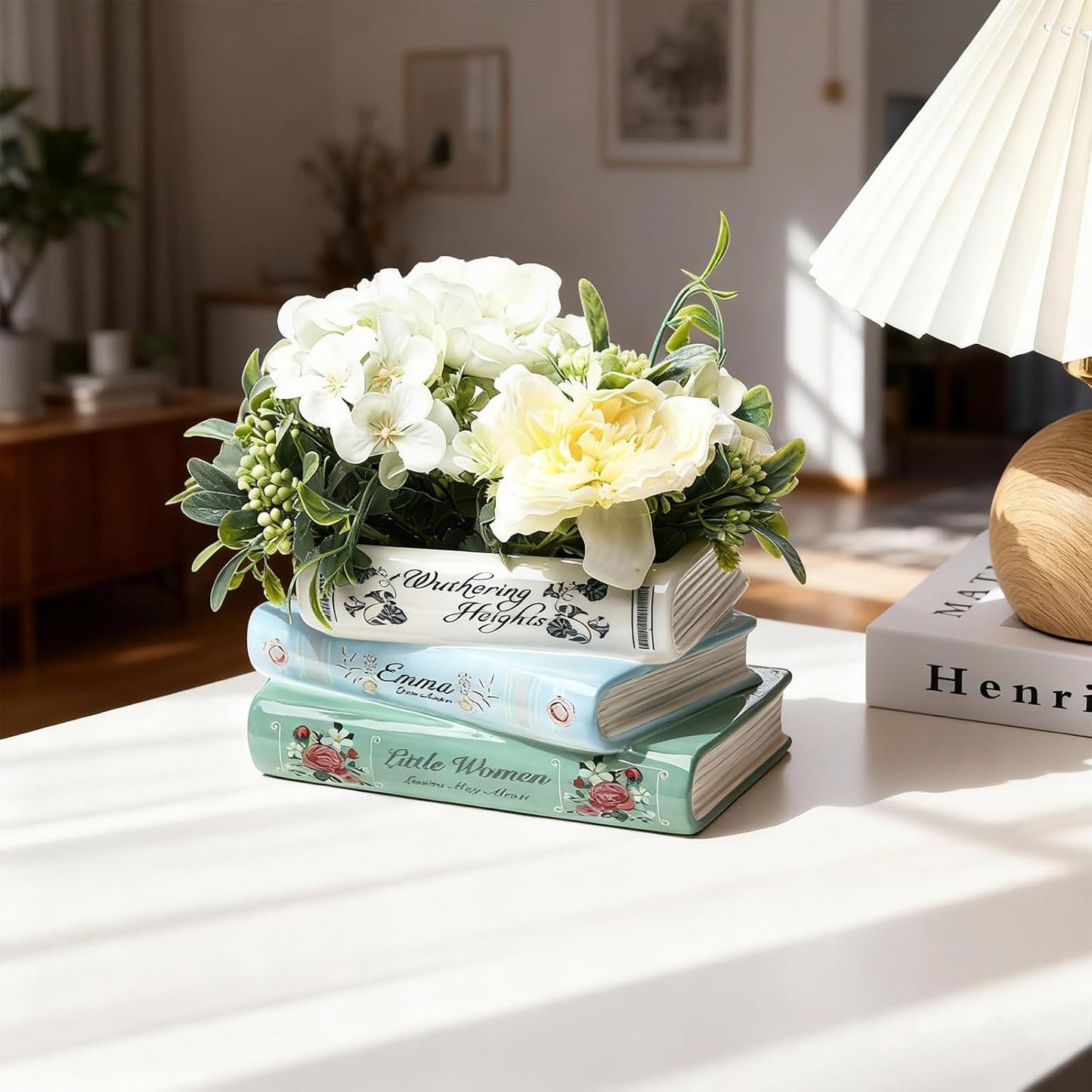 Book-Shaped Decorative Planter - Ceramic Book Vase for Flowers, Book Planter & Stacked Book Shaped Vase for Home, Office, Bookshelf for Book Lover Decor