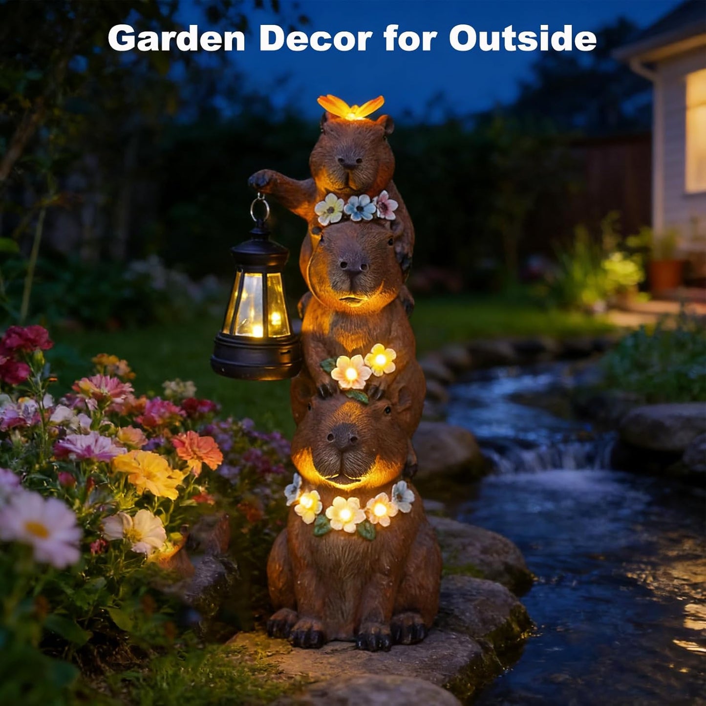 Duck Garden Statue with Solar Lantern, Cute Duck Figurine Waterproof Garden Decor for Outdoor, Porch Goose Statue Outside Duck Light for Yard Art Lawn Pond, Perfect Duck Gifts for Women (Capybara)
