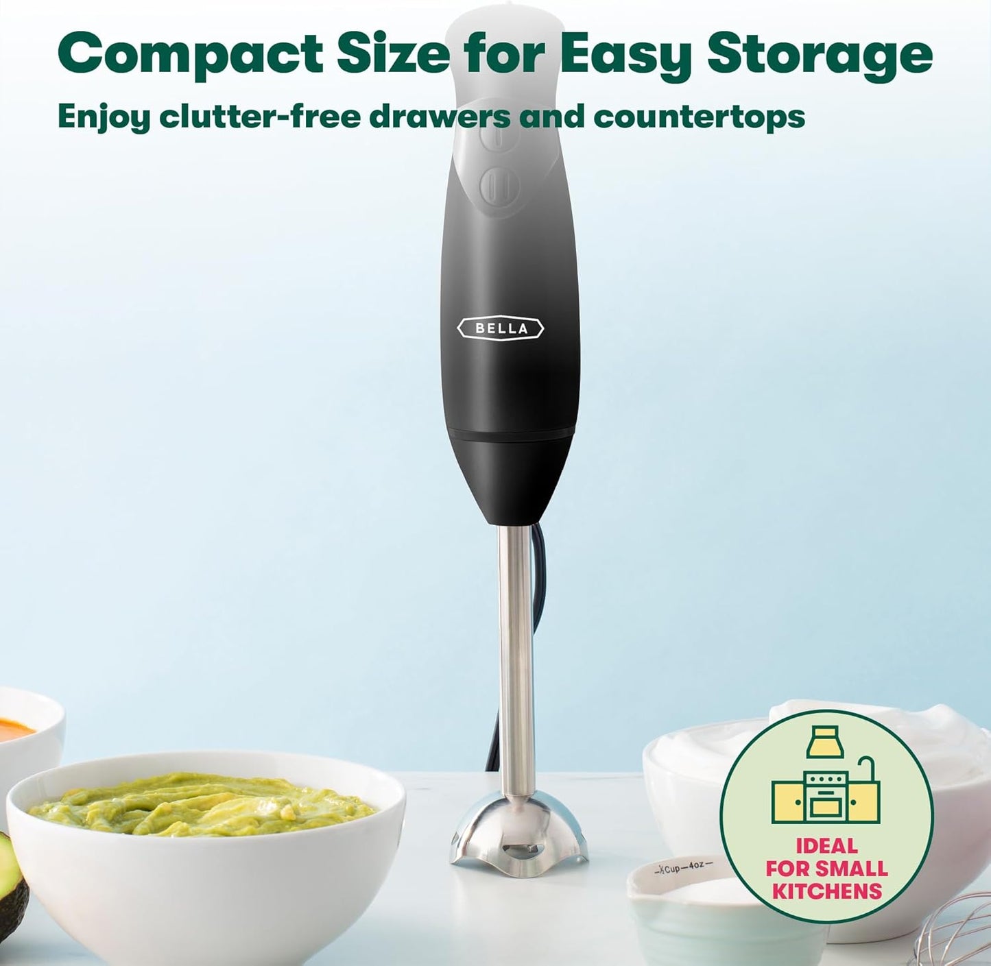BELLA Immersion Hand Blender, Portable Mixer with Whisk Attachment - E