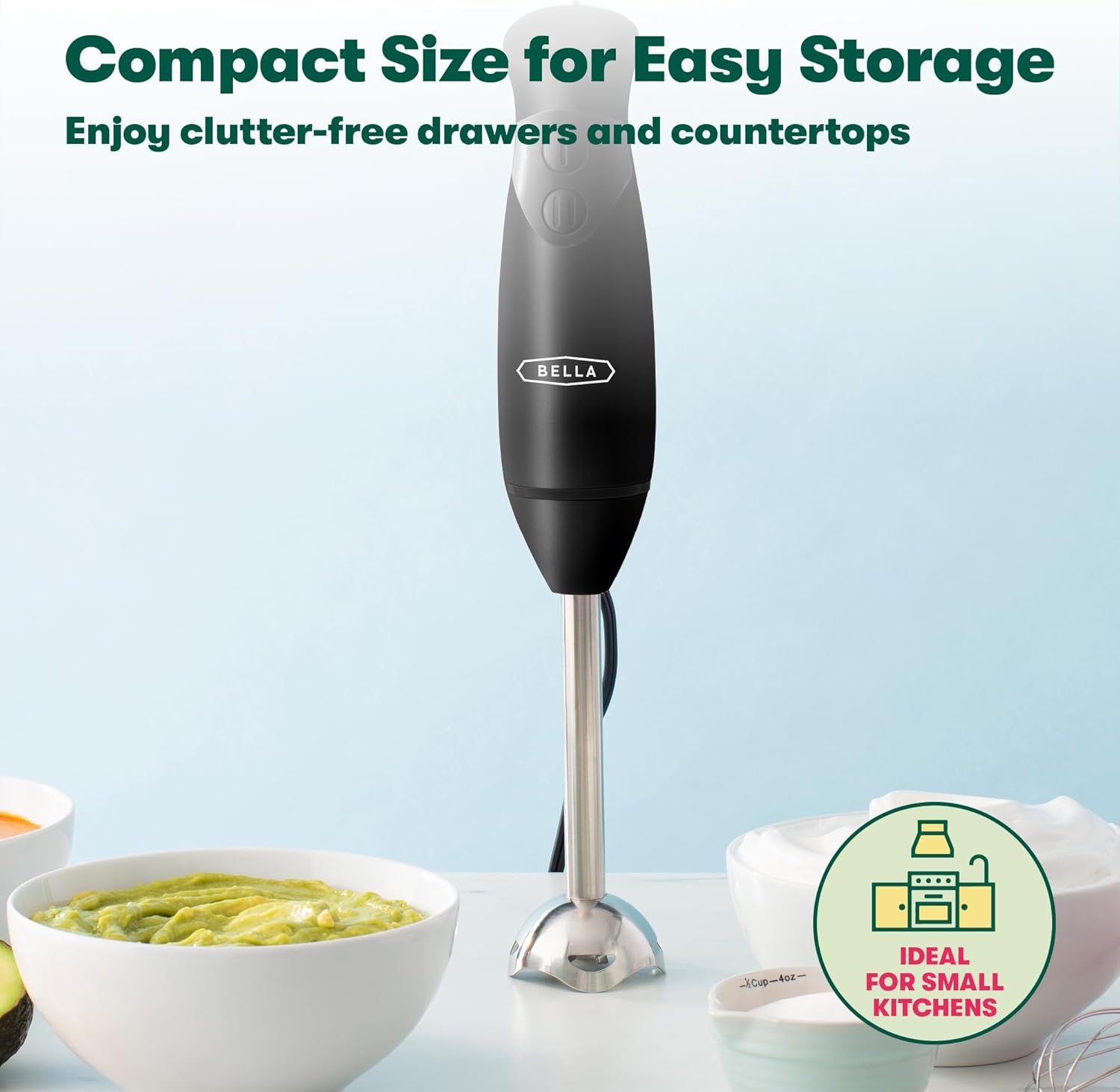BELLA Immersion Hand Blender, Portable Mixer with Whisk Attachment - E