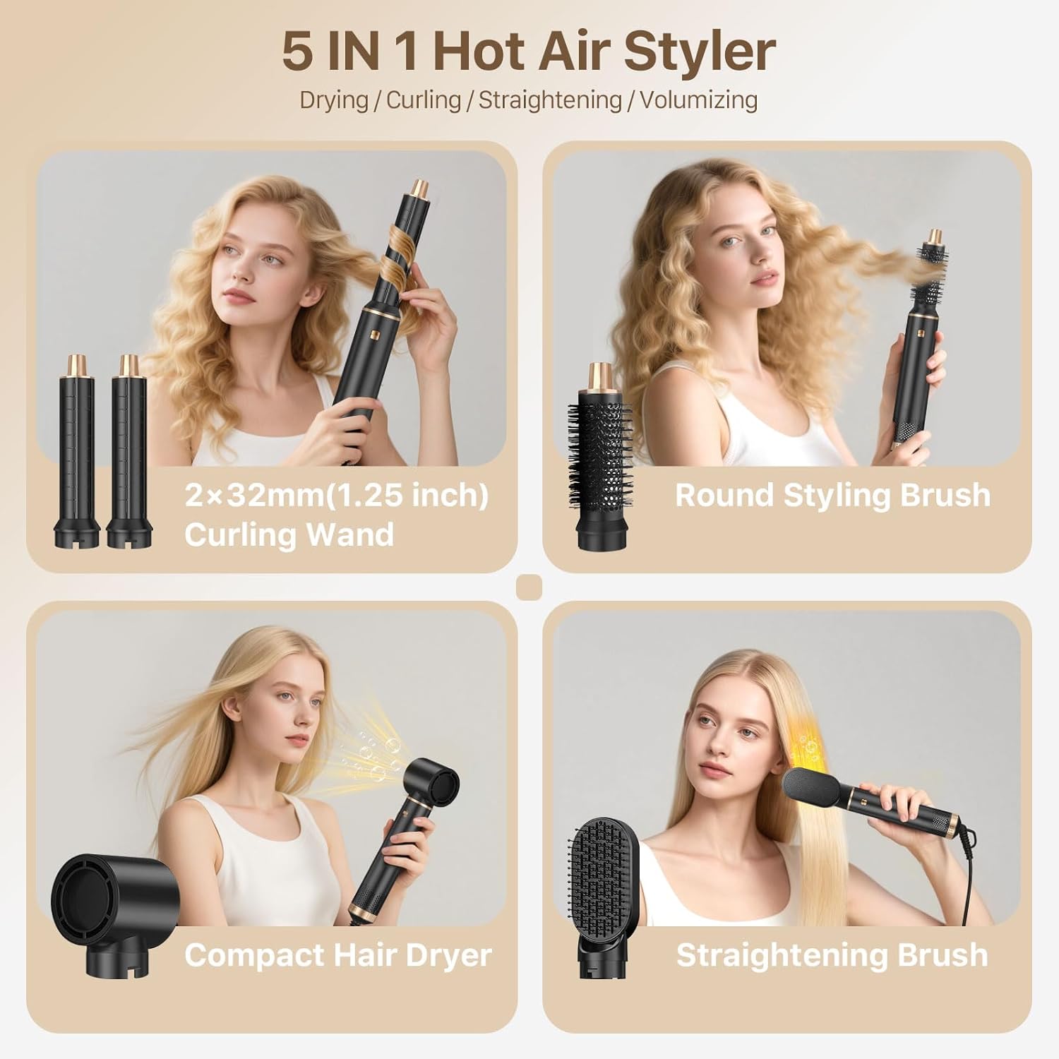 Sendowtek Hot Air Styler Brush Set for Women 5 in 1, 800W 3 Level Temp
