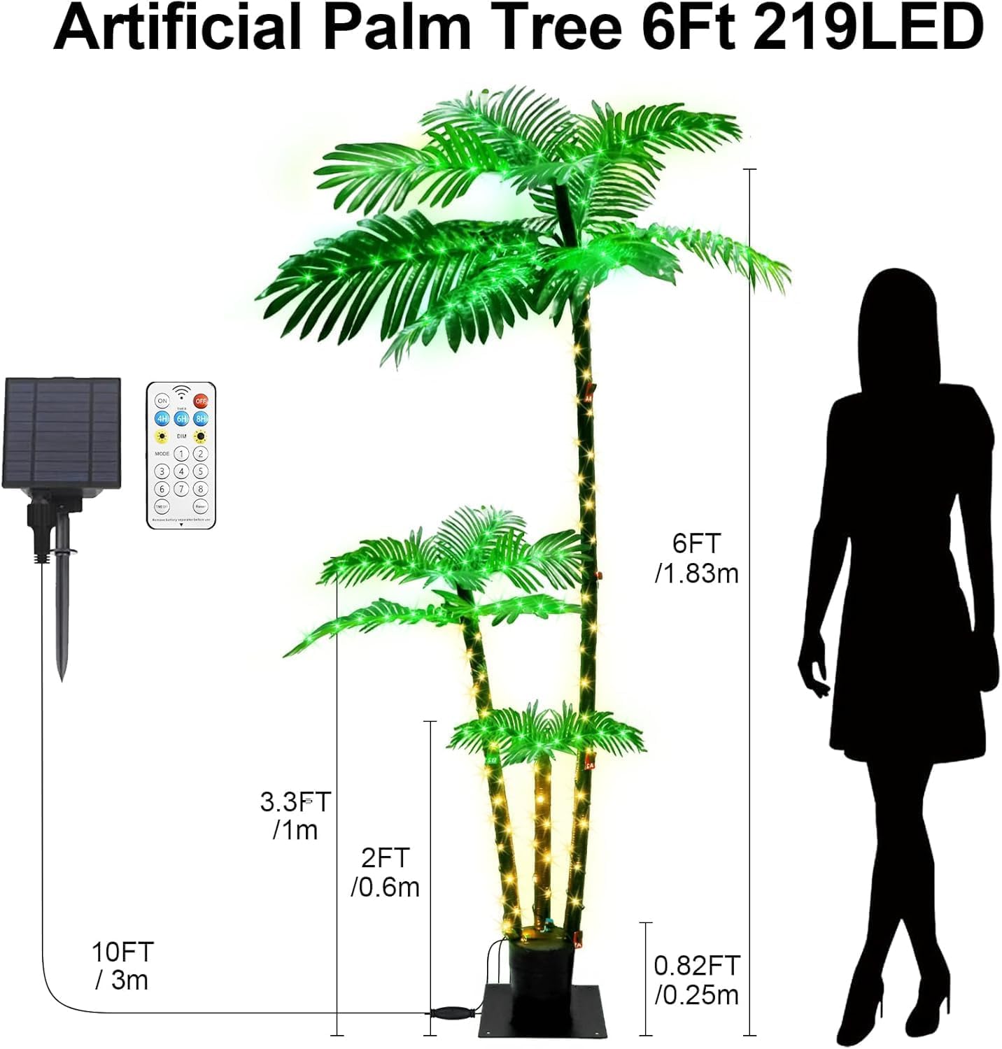 Solar Lighted Palm Tree 6FT Artificial Palm Tree with 219LED 8 Modes & Timer LED Fake Palm Trees for Patio Pool Yard Office Party Outdoor Indoor