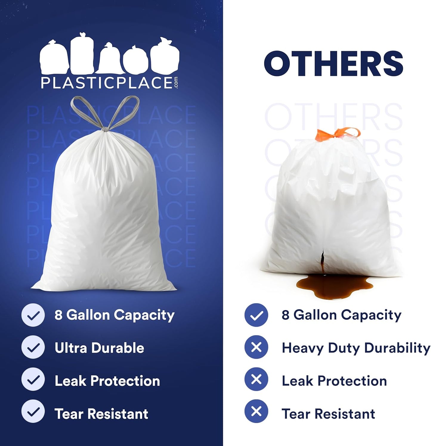 Plasticplace 8 Gallon Trash Bags -White Drawstring Garbage Can Liners - 200 Count - Leak-Resistant and Tear-Proof for Kitchen, Bathroom, Office, and Small Trash Cans 0.7 Mil