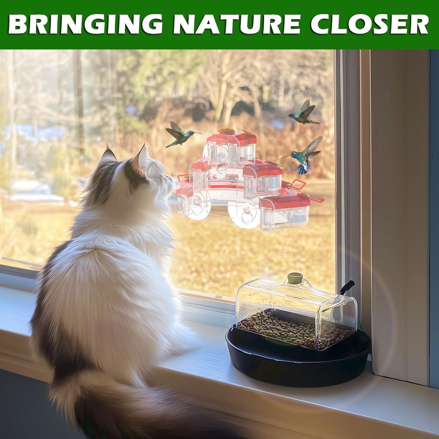 Birdream 2 Pack Window Hummingbird Feeders 18oz, 9 Feeding Ports & Brush Cake Design Hummingbird Feeder, Attracting Ruby Throated Anna Rufous - Red