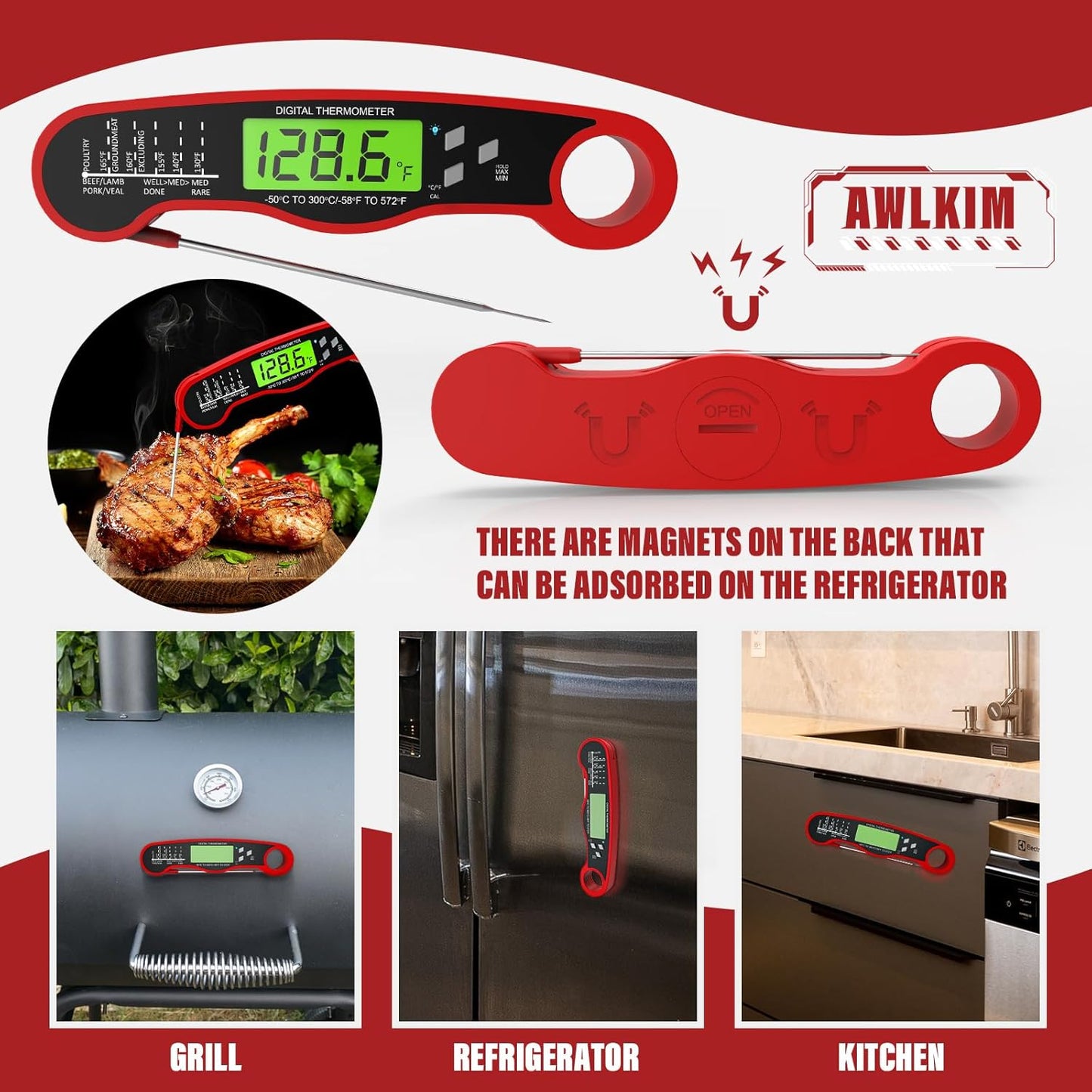 Meat Thermometer Digital - Instant Read Waterproof Food Thermometer wi