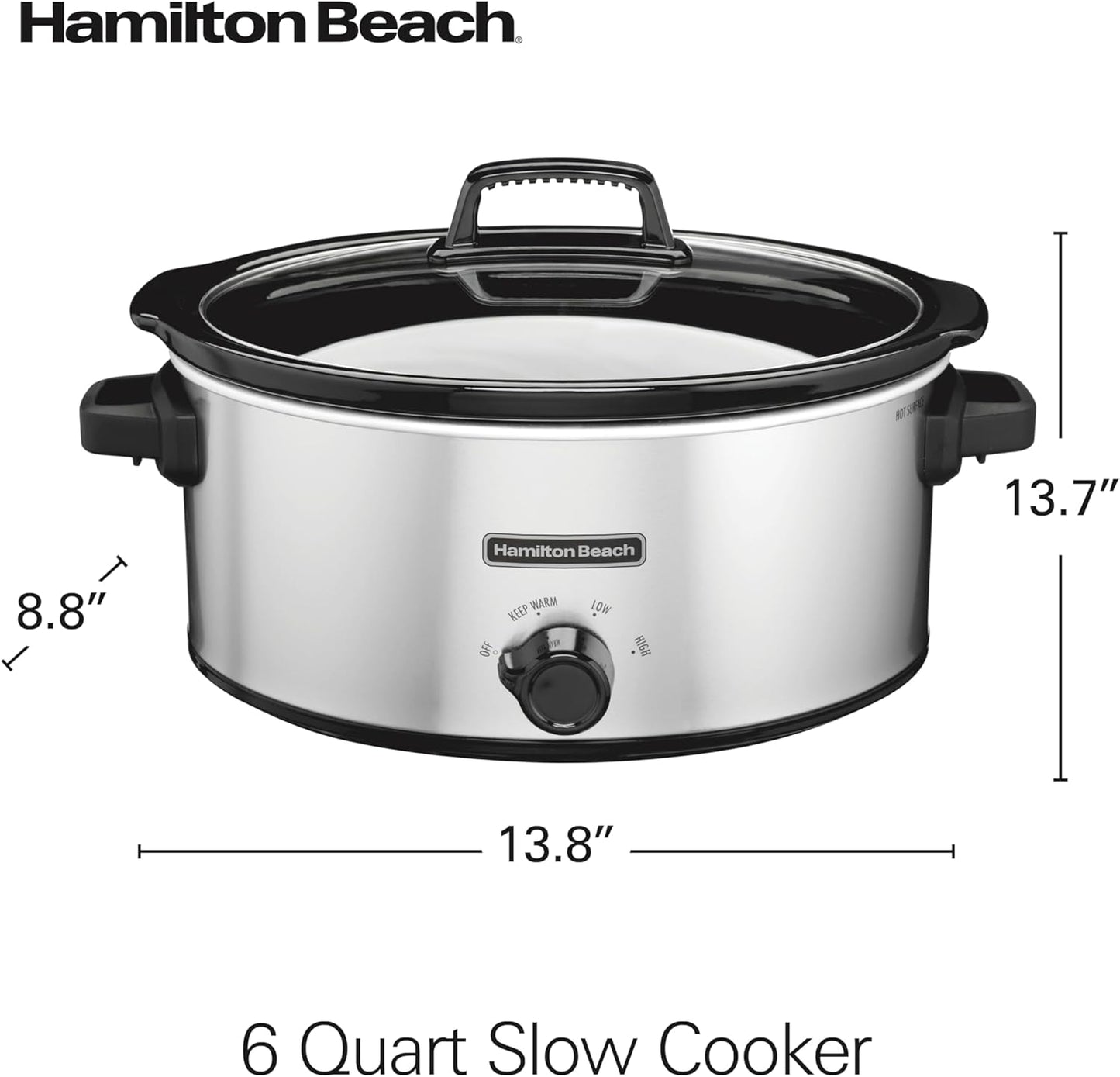 Hamilton Beach 6-Quart Slow Cooker with 3 Cooking Settings, Dishwasher-Safe Stoneware Crock & Glass Lid, Silver (33665G)