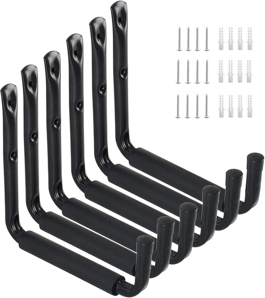 Ihomepark Heavy Duty Garage Storage Utility Hooks with 9''Jumbo Arm, Wall Mount Garage Hanger & Organizer for Ladder Tool Chair Hose(6 Pack - Black)