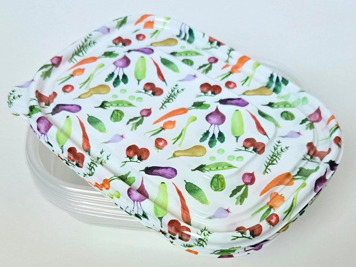 Garden Veggie Plastic Food Storage Containers, Set of 5 BPA Free Containers with Lids, 9 inches by 6 inches by 2 inches.