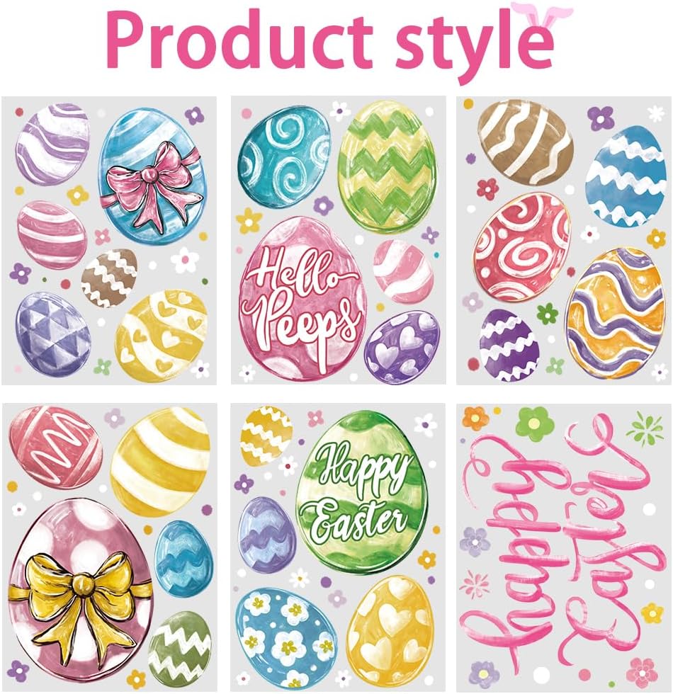 DIYDEC 6 Sheets Easter Window Clings Large Easter Eggs Window Decals Oil Painting Eggs Flowers Stickers for Home Office School Decor Spring Glass Window Decoration
