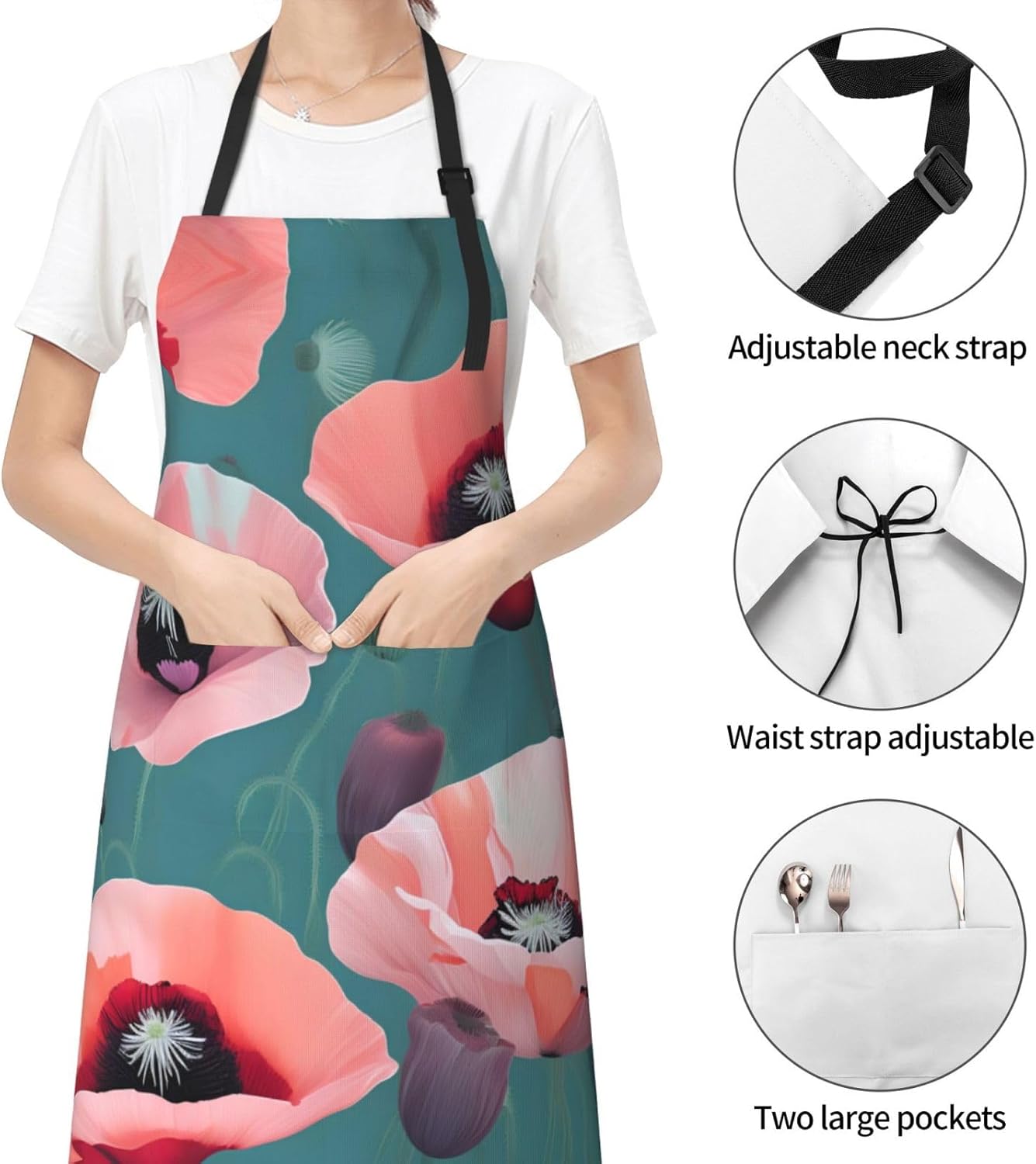 Pastel Poppies print Waterproof chef's apron with pocket apron for kitchen cooking baking barbecue and gardening