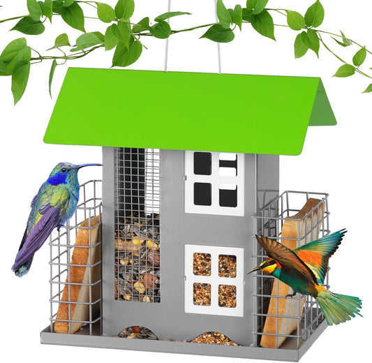 Metal Bird Feeders for Outdoors Wild Bird Feed with 2 Suet Cage Cake Squirrel Proof Hanging Feeder Large Capacity Wild Bird Feeder Easy Clean&Anti-Rust Attracting Birdhouse Green