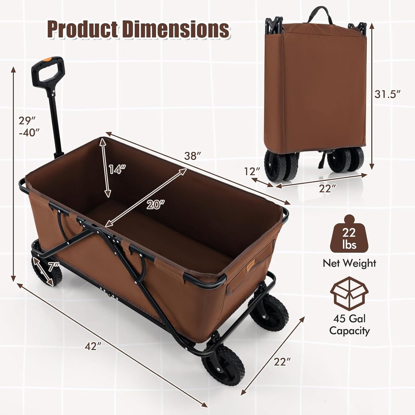 GYMAX Collapsible Wagon Cart Heavy Duty, Beach Wagon with Adjustable Handlebar, Bottle Holders & All-Terrain Wheels, Utility Wagon Foldable for Camping, Shopping, Garden, Sports (Brown)
