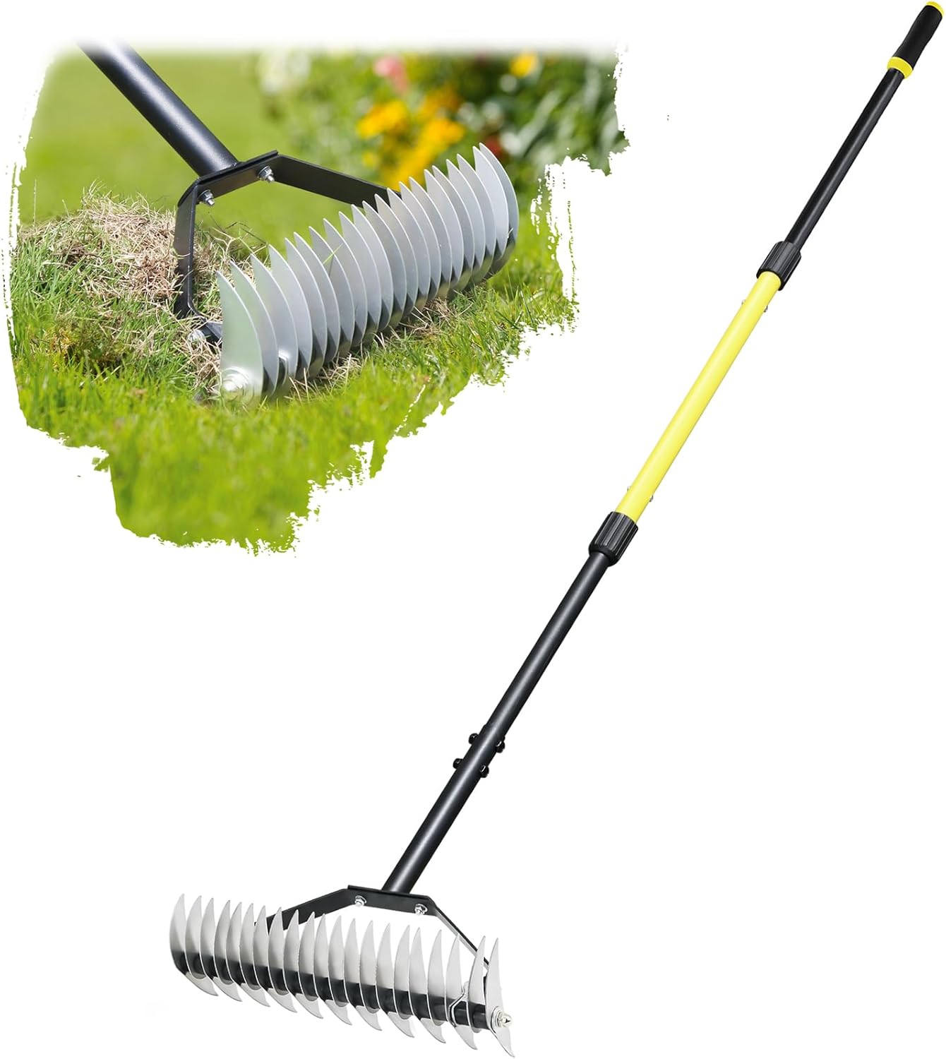 Jardineer Thatch Rake for Lawns, 61.4" Long Handle Manual Dethatcher w