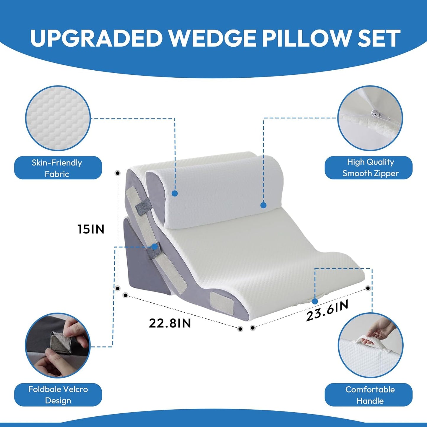 3PCS Wedge Pillow Set for After Surgery, Back Pillow for Bed Sitting up, 10-in-1 Foam Wedge Pillow for Acid Reflux & Back Pain Relief, Post Surgery Pillow for GERD & Snoring, White
