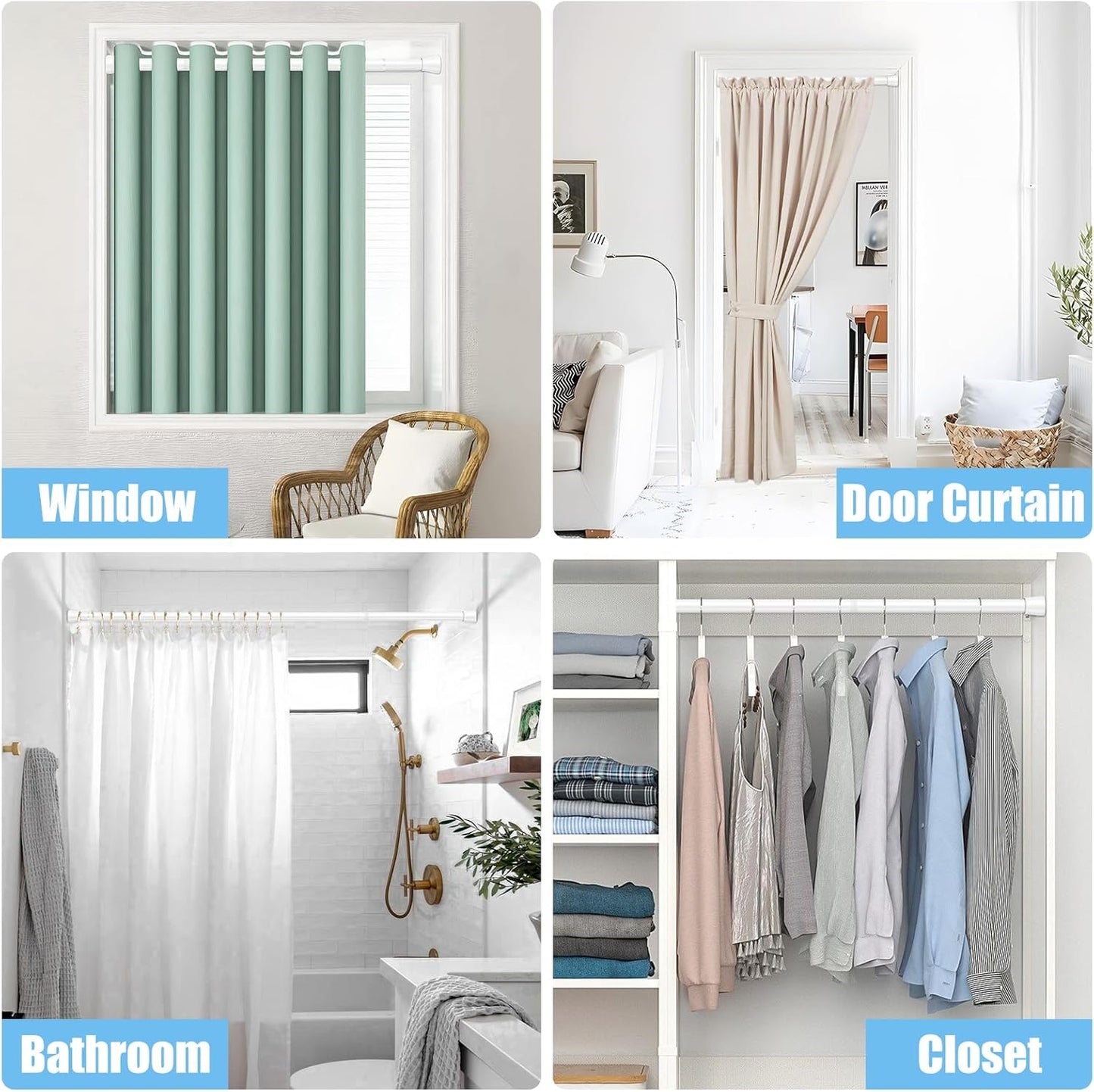 AIZESI Tension Curtain Rod Adjustable Spring Tension Rods for Windows 28 to 48 Inch, No Drilling, 7/8" Diameter, White Curtain Rod, Small Shower Curtain Rod for Bathroom, Doorway, Closet, Kitchen