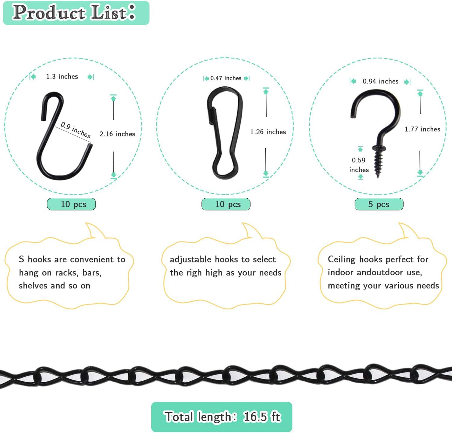 KABB Hanging Chain Set, 197 Inch Hanging Basket Chain with 10pcs S Hooks, 10pcs Connector Hooks and 5pcs Eye Hook for DIY Hanging Pendant Chains to Hang Bird Feeders, Planters, Lanterns and Ornaments