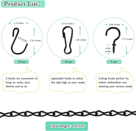 KABB Hanging Chain Set, 197 Inch Hanging Basket Chain with 10pcs S Hooks, 10pcs Connector Hooks and 5pcs Eye Hook for DIY Hanging Pendant Chains to Hang Bird Feeders, Planters, Lanterns and Ornaments