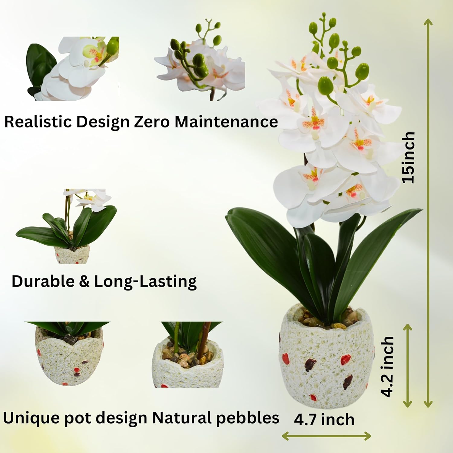 Artificial Orchid Plants with Pots, White Phalaenopsis, Set of 2, Deco