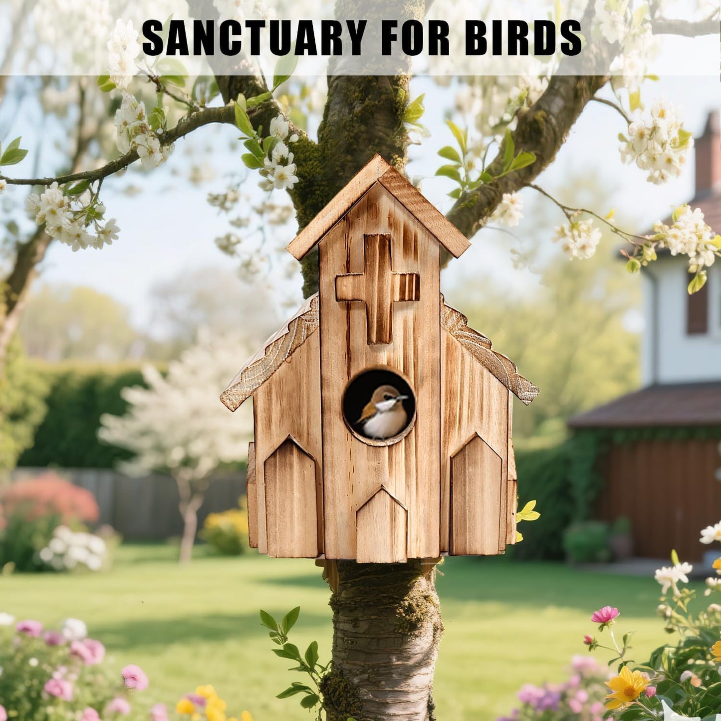 Church-Shaped Wooden Birdhouses, Cross Design Bird Houses for Outside, Hanging Birdhouse for Bluebird, Robin, Cardinal, Sparrow, and Finch, Bird Nesting Box for Outdoor Garden Decoration
