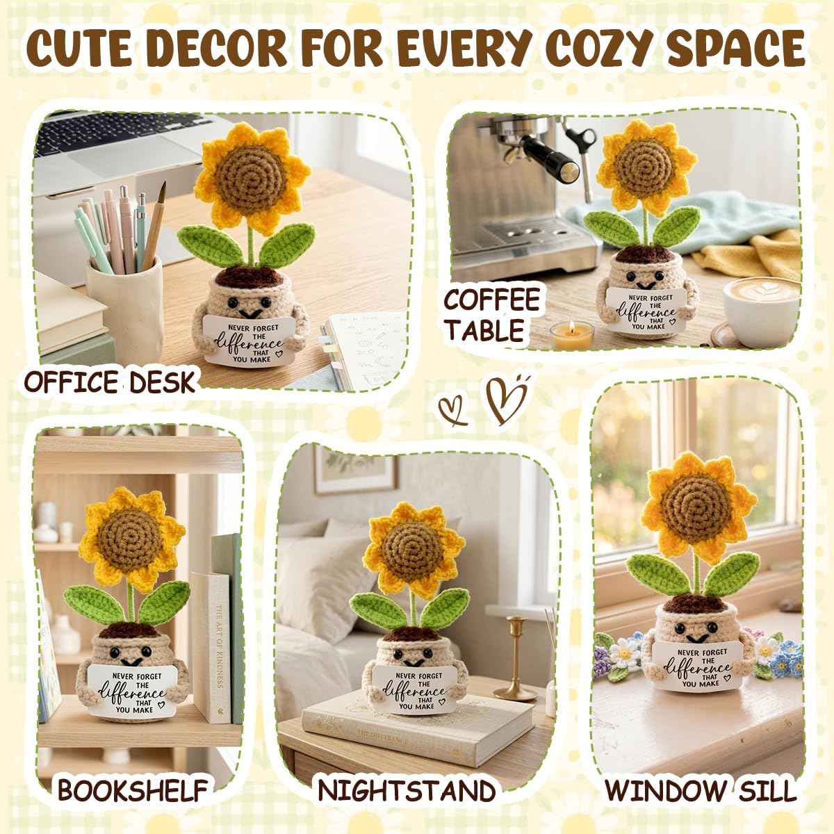Mini Positive Crochet Sunflower Mothers Day for Mom, Cute Birthday Gifts for Women, Thank You Gifts for Teacher, Coworker, Friends and Sunflower Decor