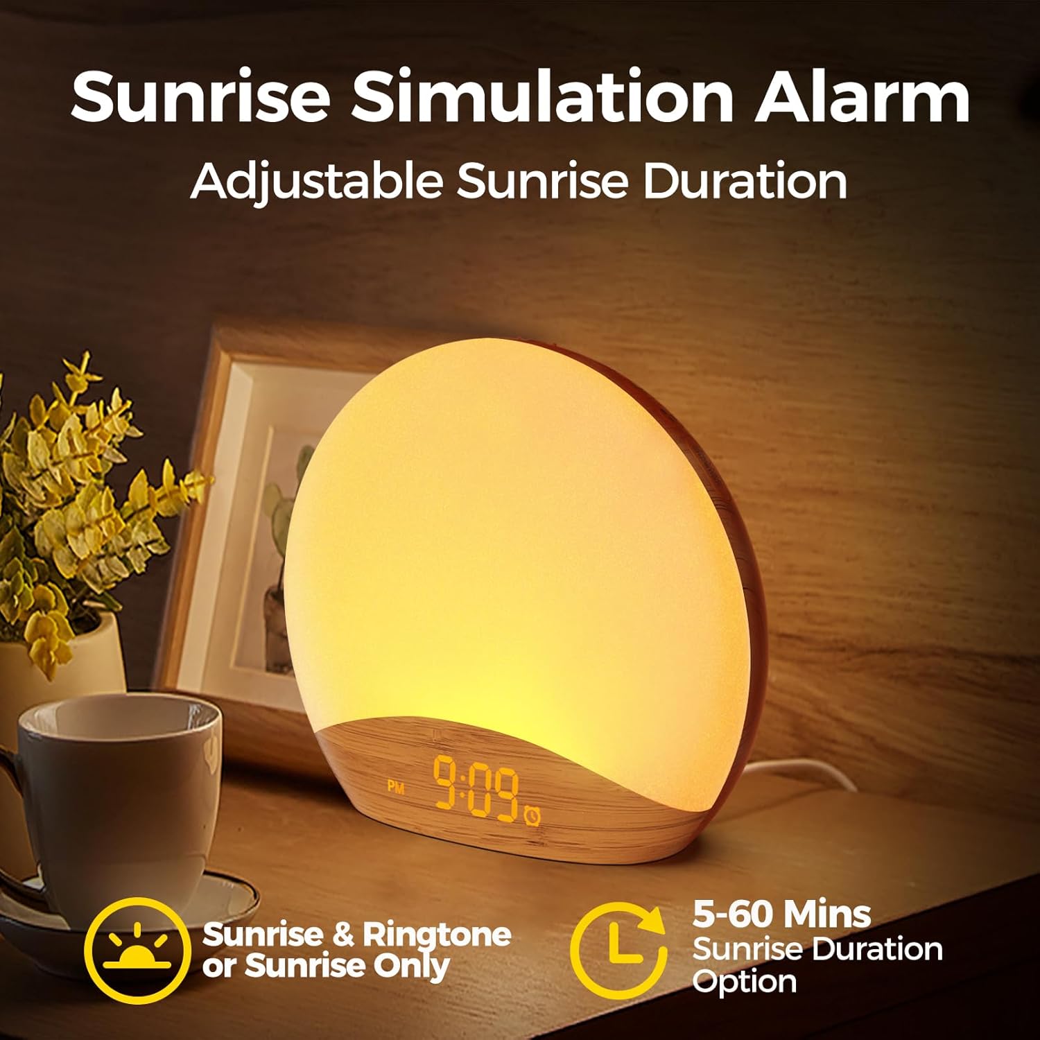 REACHER Wood Grain Sunrise Alarm Clock and Sound Machine Nightlight, D