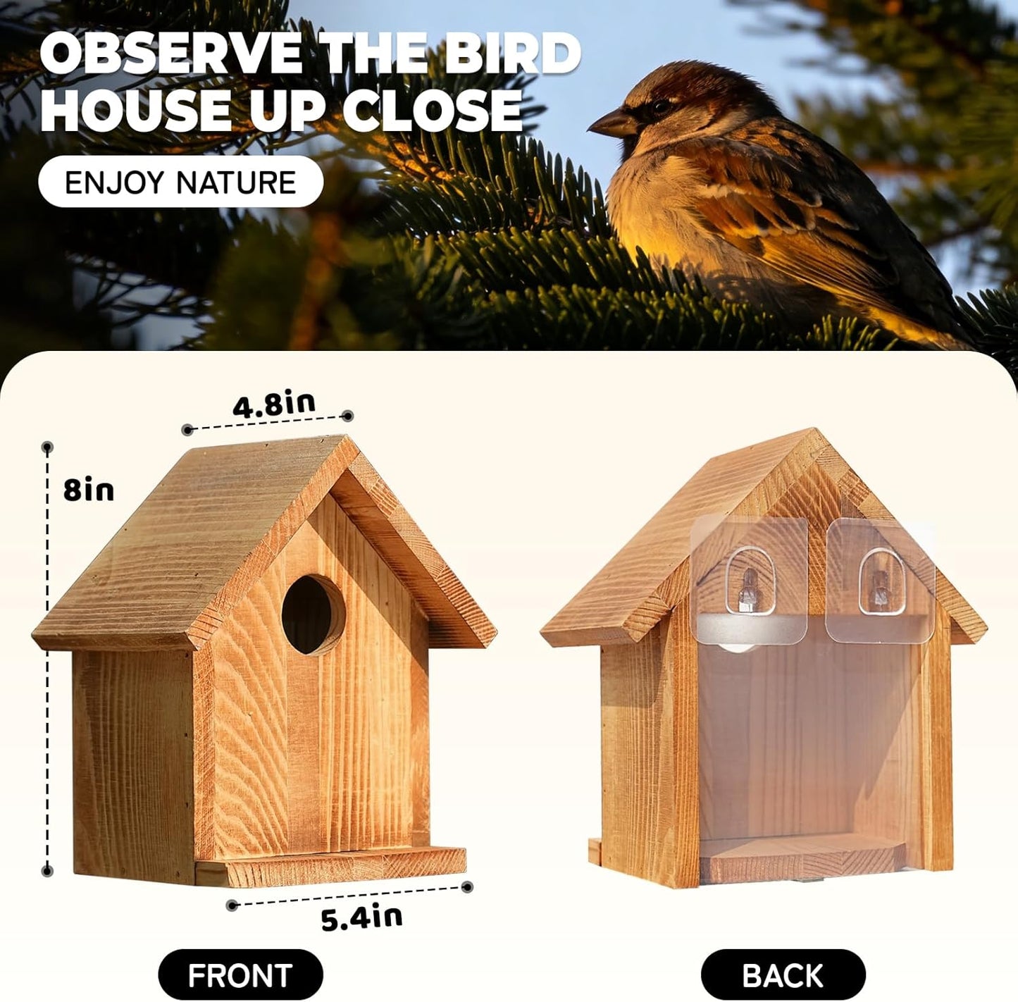 Window Bird Houses for Outside with 2 Powerful Hooks, Clear Window Bird House for Viewing Inside, Hanging Wooden Birdhouses to Paint for Outdoors, Bird Nesting Box for Bluebird Finch Chickadee