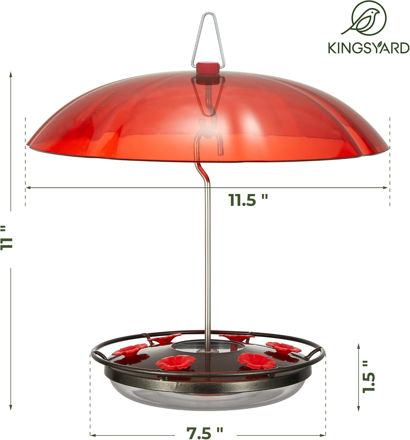 Kingsyard 12 oz Hummingbird Feeder with Rain Guard Dome, Leak-Proof Saucer Nectar Feeder for Outdoors Hanging, Built-in Ant Moat & 6 Bee-Proof Ports, Easy to Refill & Clean, Black