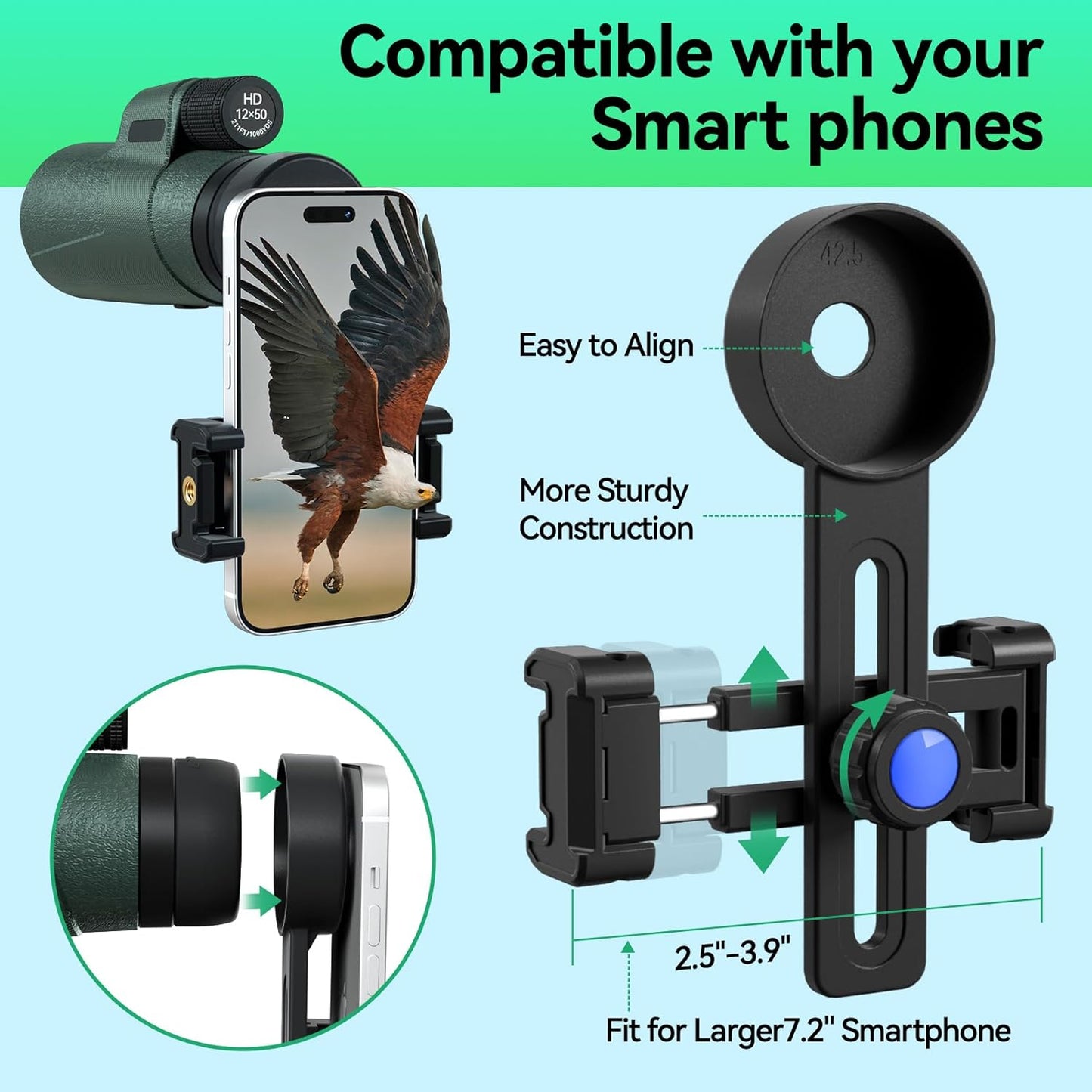 12x50 HD Monocular for Adults High Powered with BAK4 Prism & FMC Lens,Lightweight with Smartphone Adapter, High Powered Monocular with Clear Low Light Vision for Star Watching, Bird Watching, Hiking