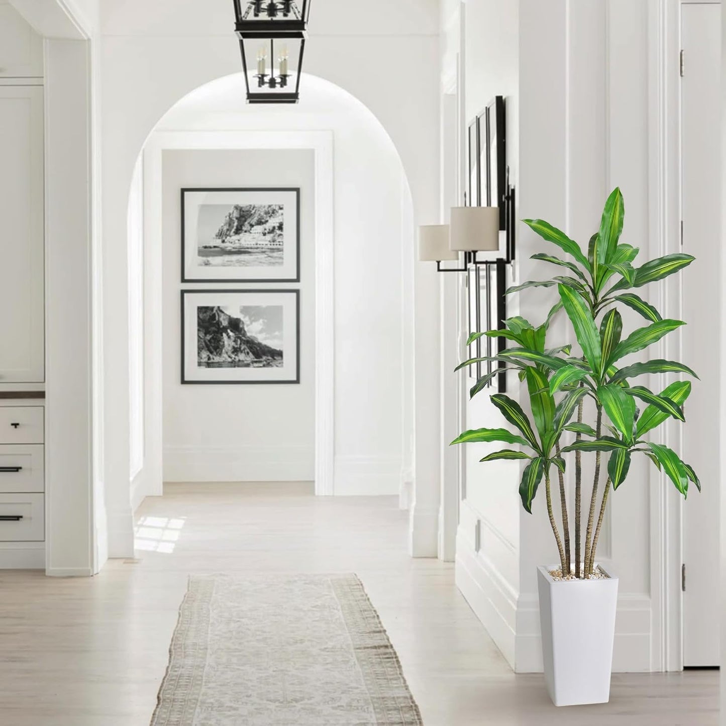 Artificial Dracaena Tree 5FT-Faux Tree with White Tall Planter Indoor Decor-Fake Yucca Palm Tree in Pot-Artificial Silk Tree for Home Office Decor Perfect Housewarming Gift