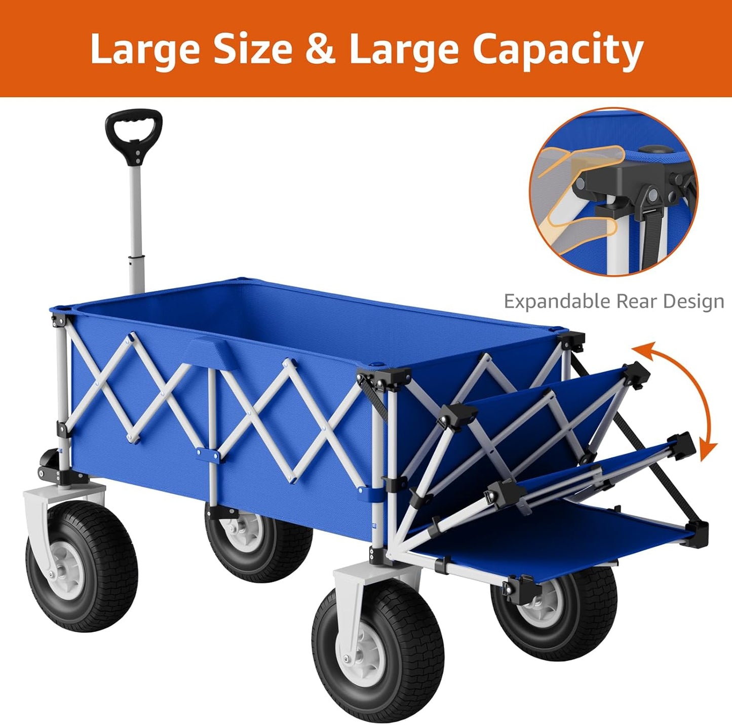Blue Beach Wagon with Big Wheels for Sand - Heavy Duty 10" Wheel Collapsible Wagons Foldable Large Wagon Cart Folding All Terrain for Camping