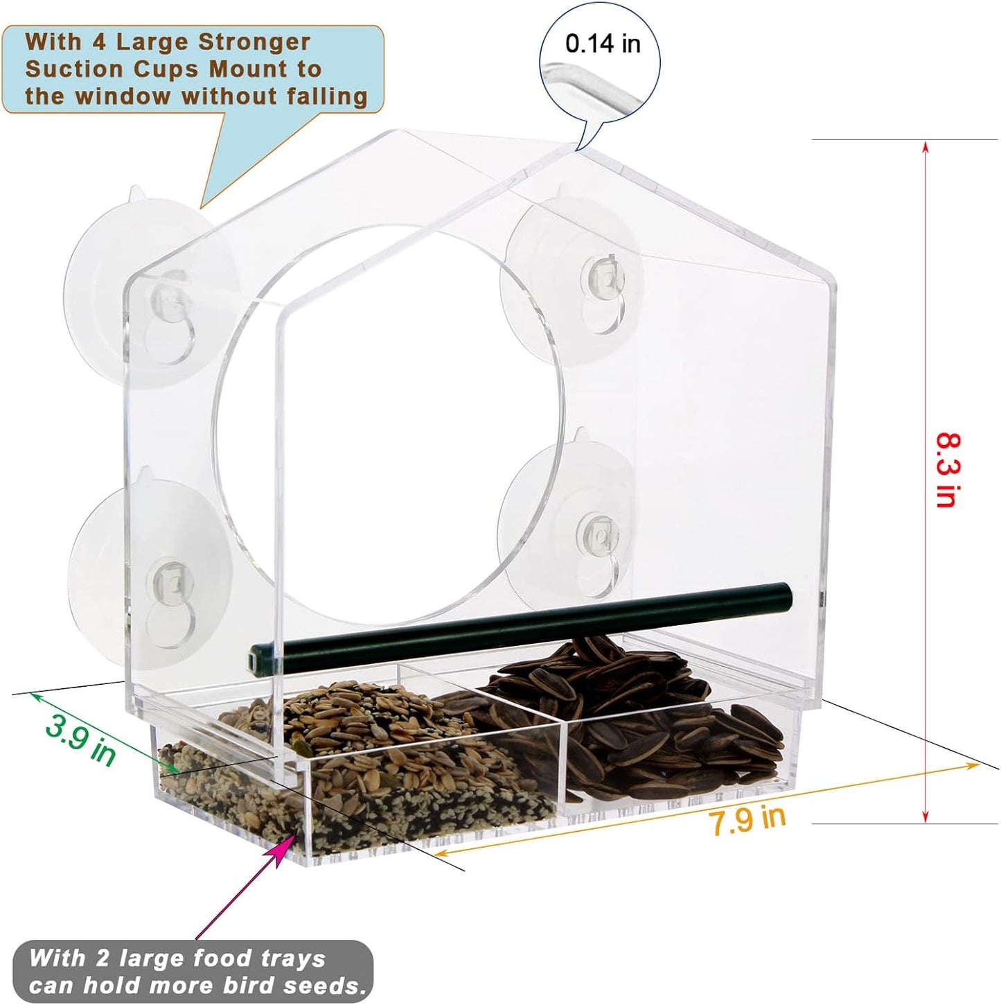 Acrylic Window Bird Feeder with 4 Strong Suction Cups, Clear and Transparent Bird House, Removable Food Tray with Drain Holes, Easy Install and Clean for Backyard and Viewing