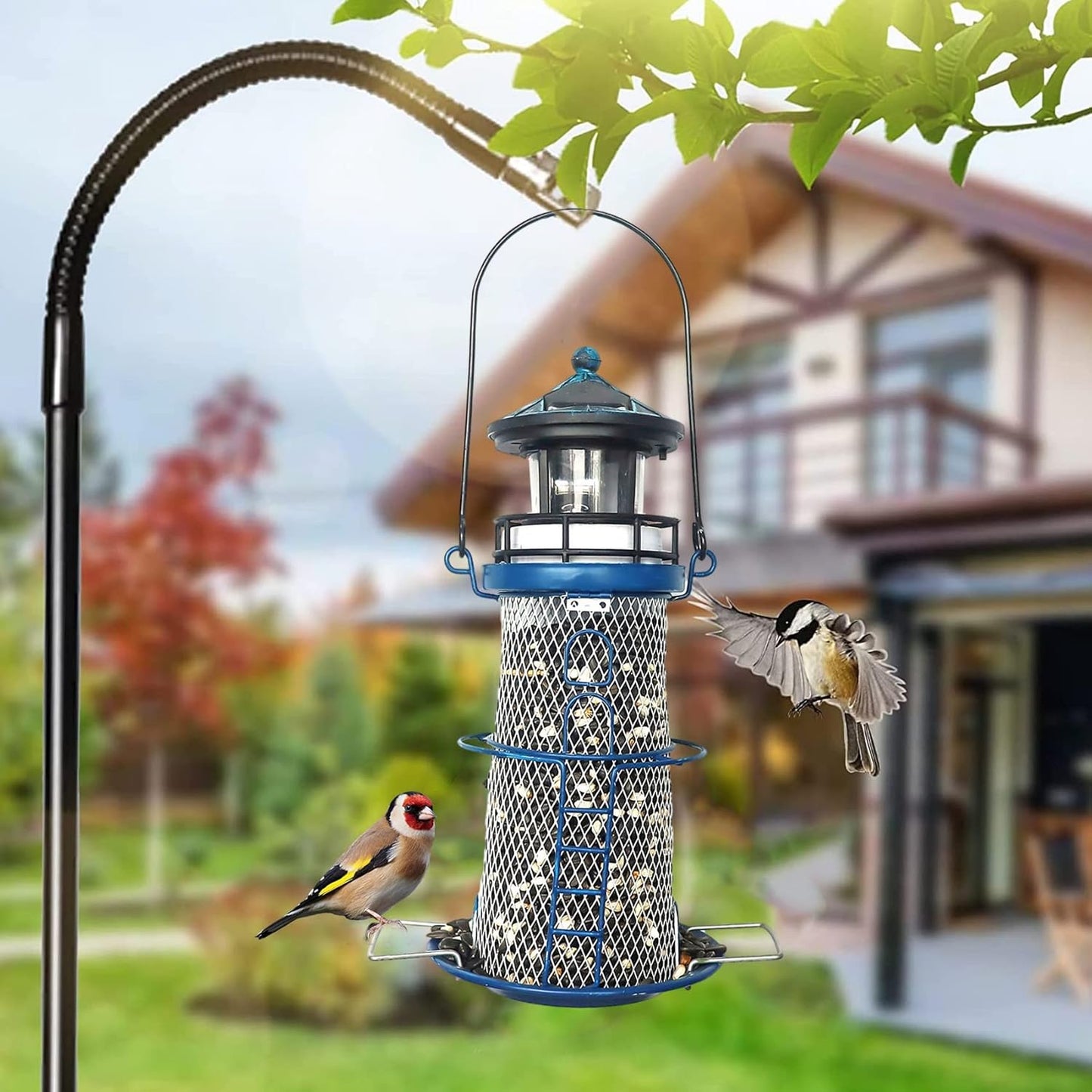 Solar Lighthouse Bird Feeder with Rotating Beacon - 14" Hanging Best Birdfeeder Gifts for Bird Lovers(Space Blue)