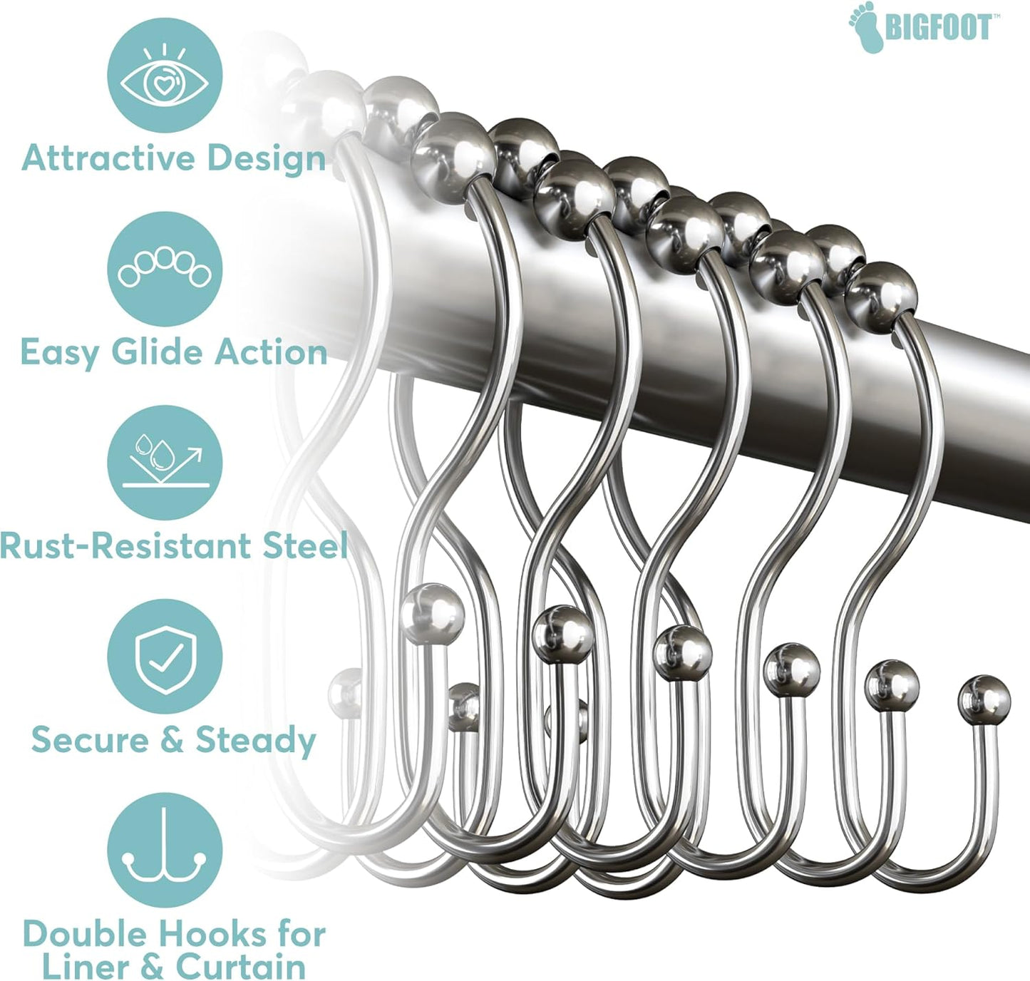 BigFoot Shower Curtain Hooks, Stainless Steel, Rust Resistant, Easy Installation & Smooth Glide, Fits Standard Shower Rods, 2 Hook Rings Hold Liners & Curtains, 12 Pieces, Nickel Color