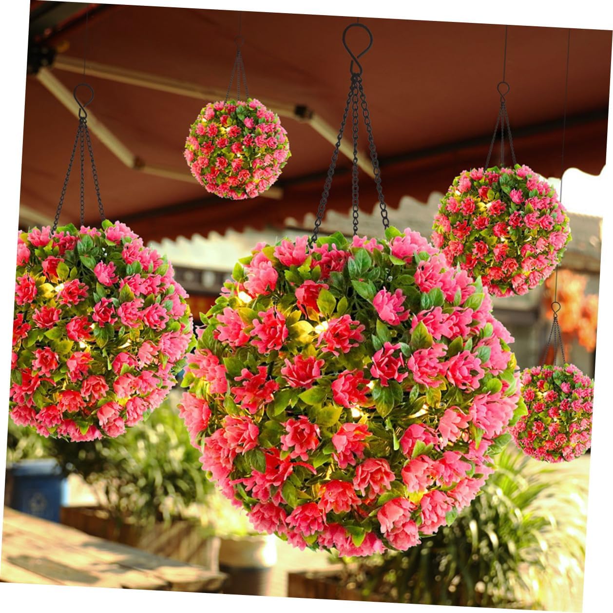 BESTOYARD Pink Flower Solar LED Hanging Topiary Ball, Artificial Grass Sphere with Solar Light for Outdoor Garden and Wedding Décor