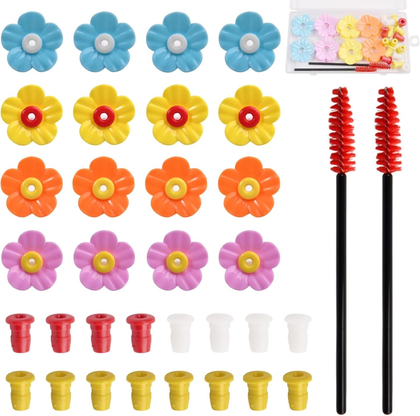16 Pieces Hummingbird Feeders Replacement Flowers Pet Replacement Bird Feeder Parts with 2 PCS Brush for Feeding Ports Bee Guards Hummingbird Outdoors Hanging Feeder Bright Color