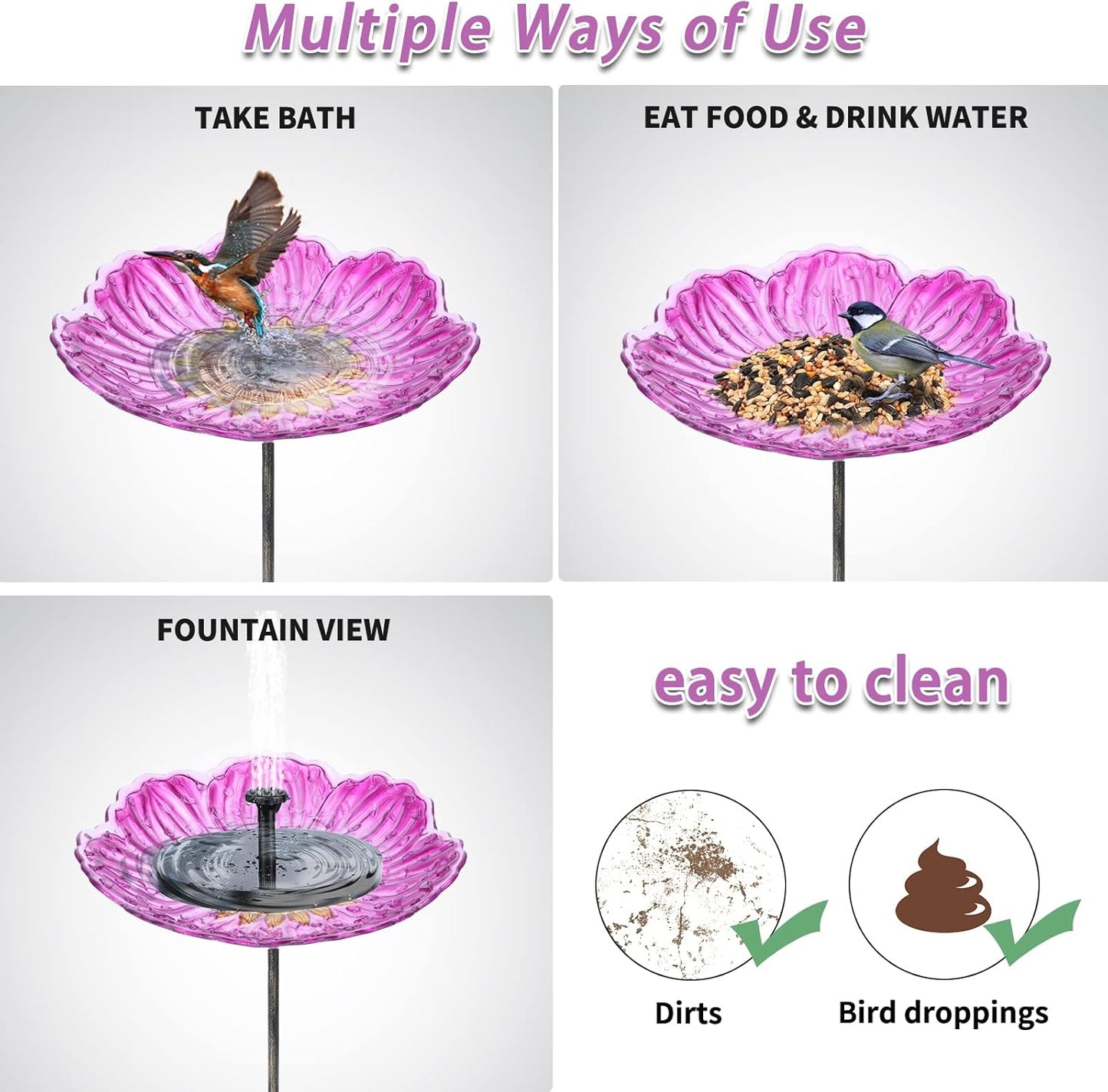 MUMTOP Glass Bird Baths for Outdoors, 12 Inch Bird Bath Bowl with Metal Stake Sunflower Bird Feeders for Garden and Patio Decor