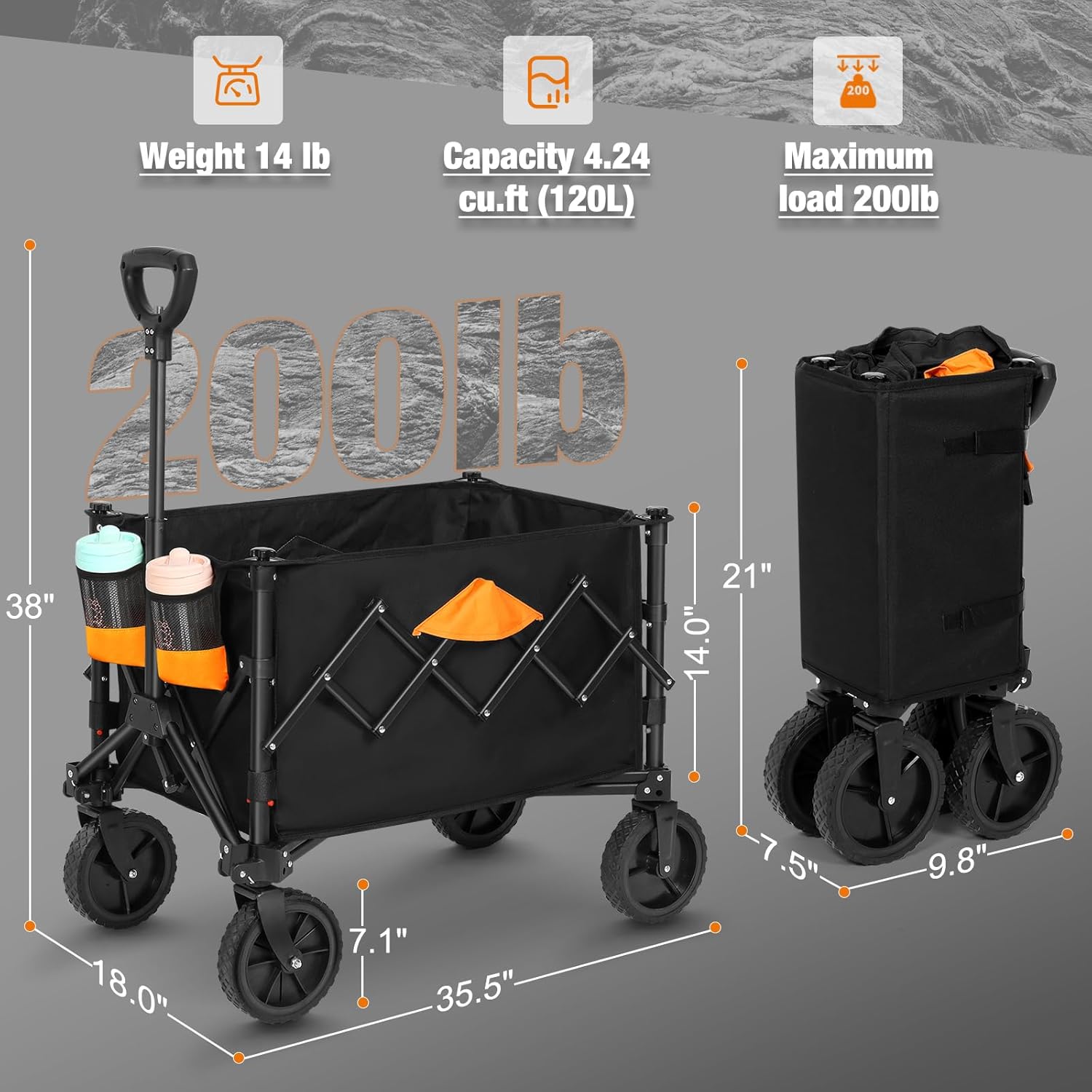 Collapsible Wagon, Grocery Wagons Carts Foldable Utility Wagon with Al