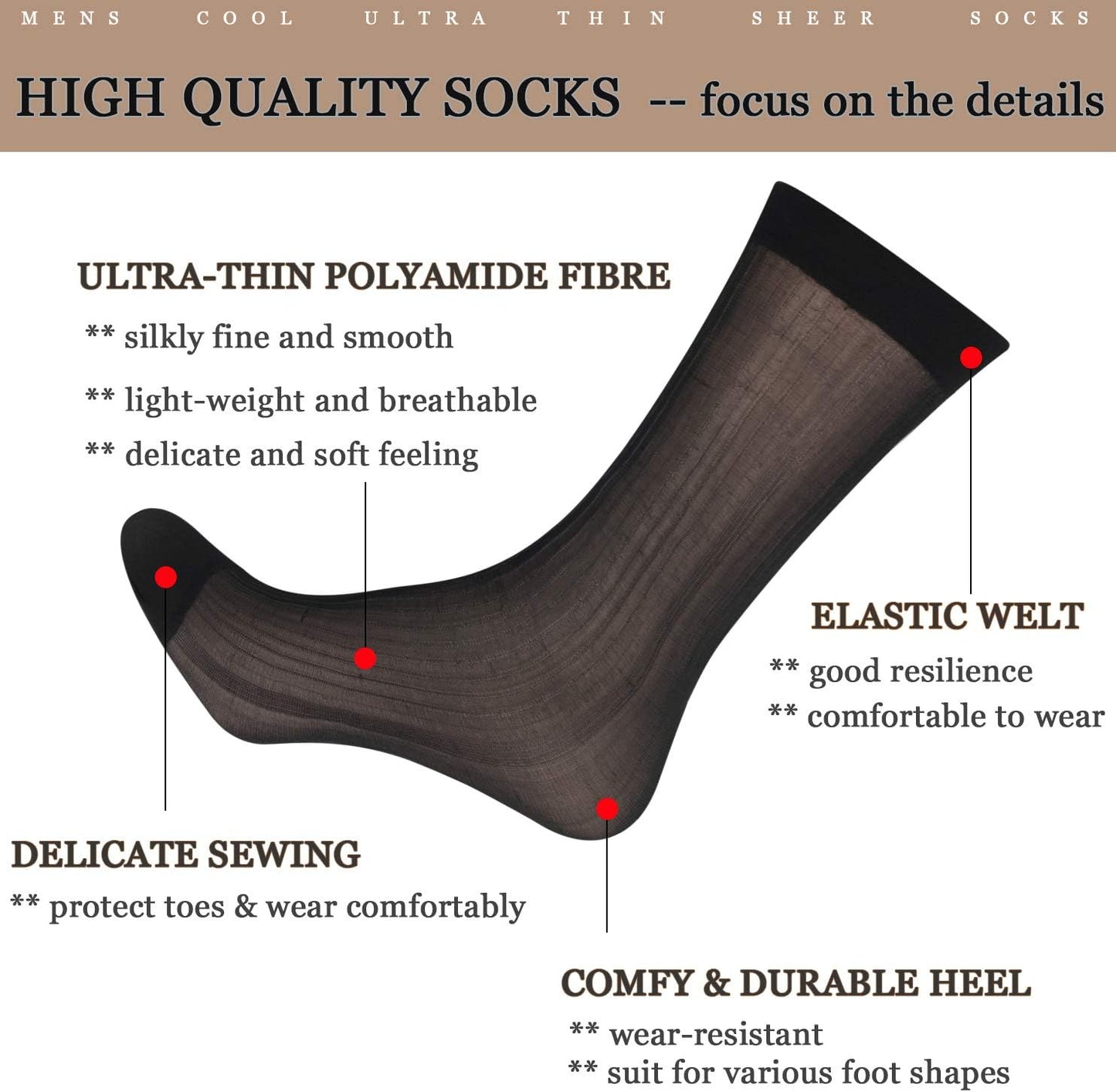 Uaussi 10 Pairs Mens Ultra Thin Dress Socks Silk Sheer Business Socks 