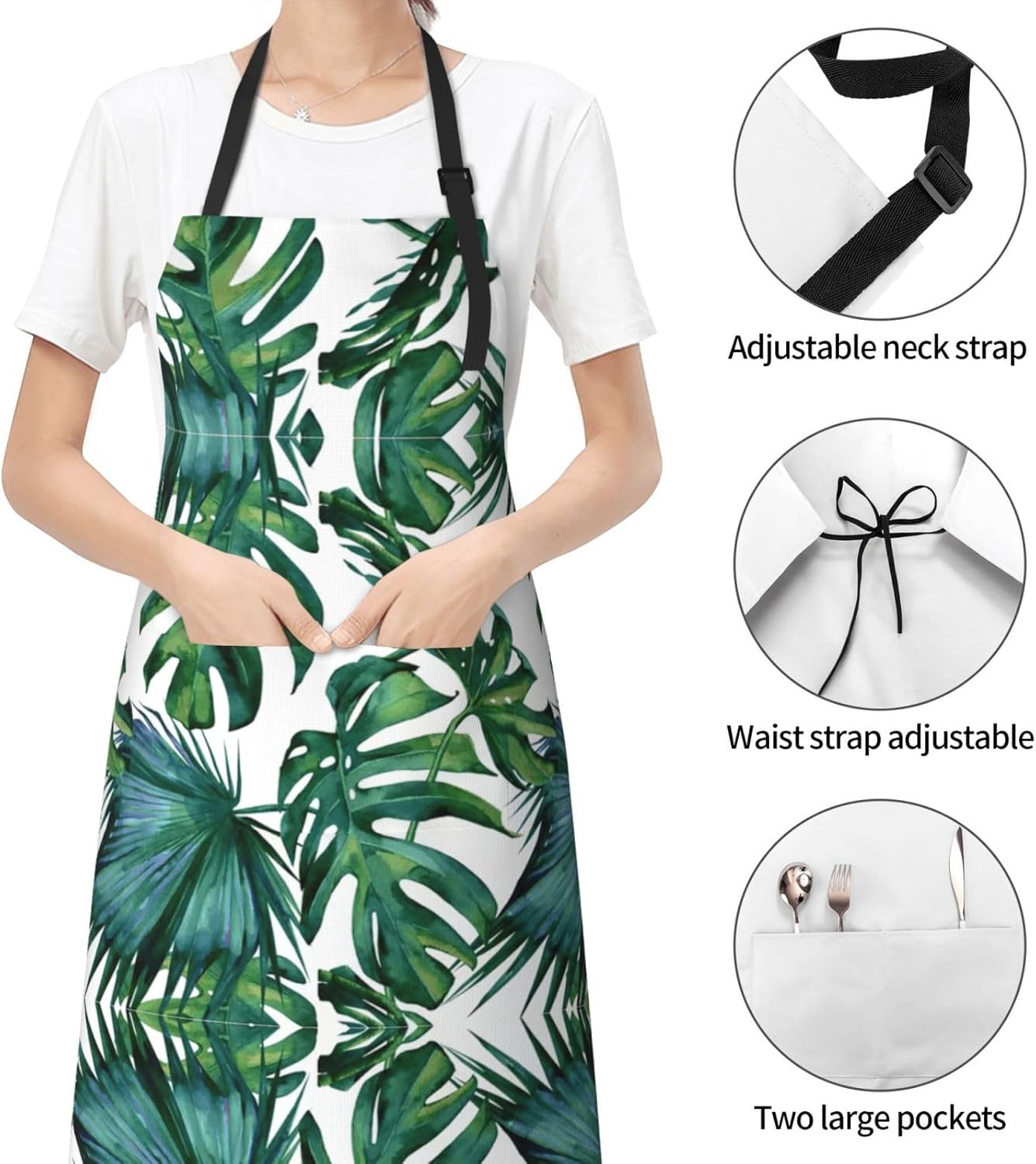 Green banana leaves print Waterproof apron with pocket adjustable cooking apron for adult kitchen bibs to bake