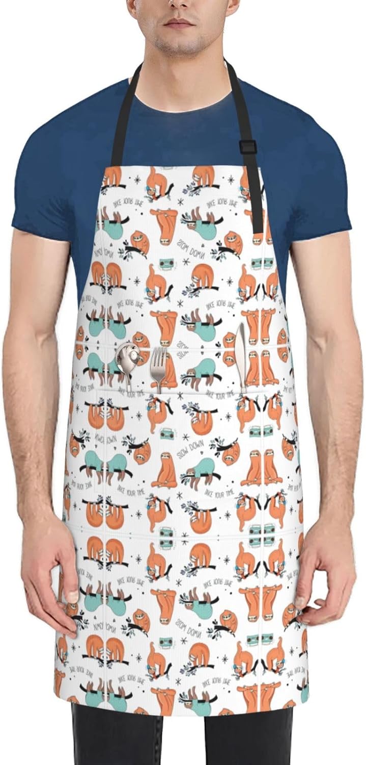 funny Cute Animal Sloth Music Print 28x33 In Adult Kitchen Apron with Pockets Versatile Chef Smock for Cooking Baking