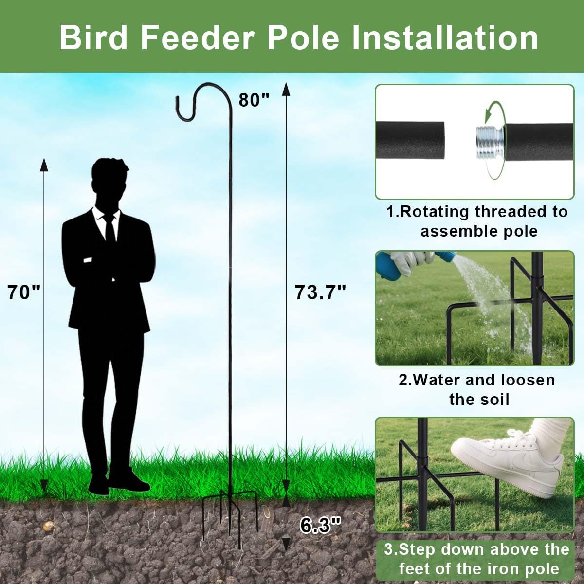 Bird Feeder Pole, 80" Tall Heave Duty Pole with Shepherd Hook 5 Prongs Base for Outdoor Hummingbird Feeders (No Bird Feeder or Baffle)