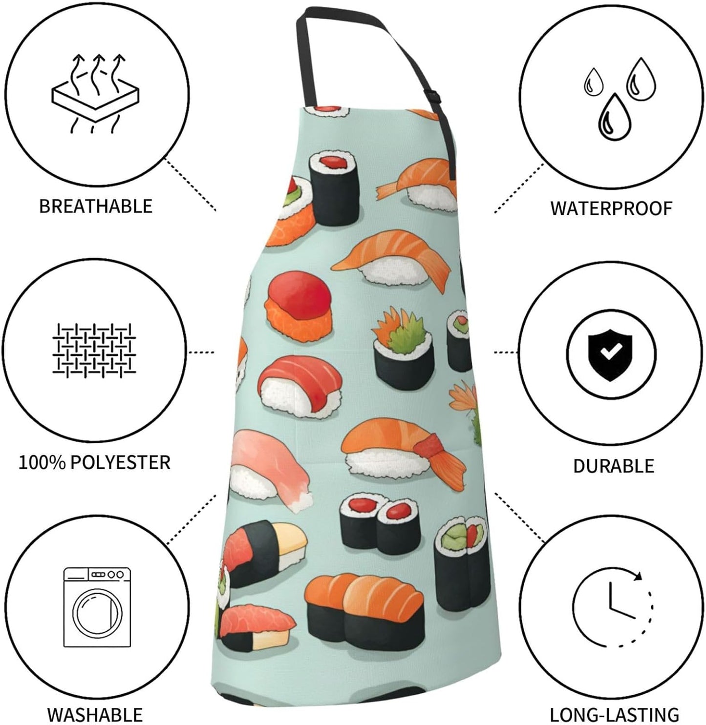 Delicious sushi print Waterproof chef's apron with pocket apron for kitchen cooking baking barbecue and gardening