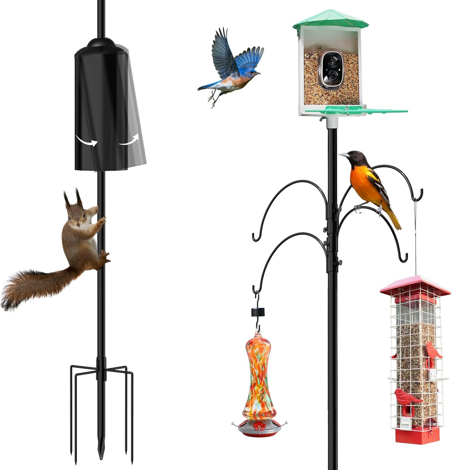 Birdkiss Shepherd Hook Pole for Garden：Adjustable Heavy Duty Outdoor Squirrel Proof Bird Feeder Pole Mount Kit with 5 Prongs Base 90 Inch with 4 Hooks Hanging for Bird Feeder and Birdhouse.