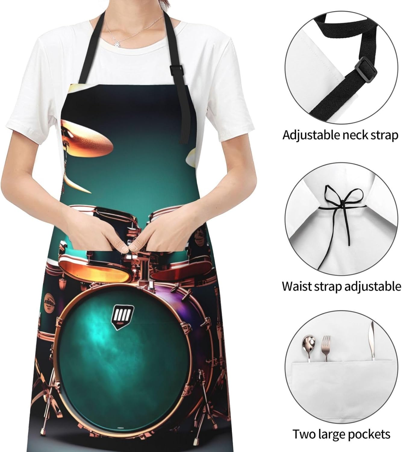 Cool Drum Set print Waterproof apron with pocket adjustable cooking apron for adult kitchen bibs to bake