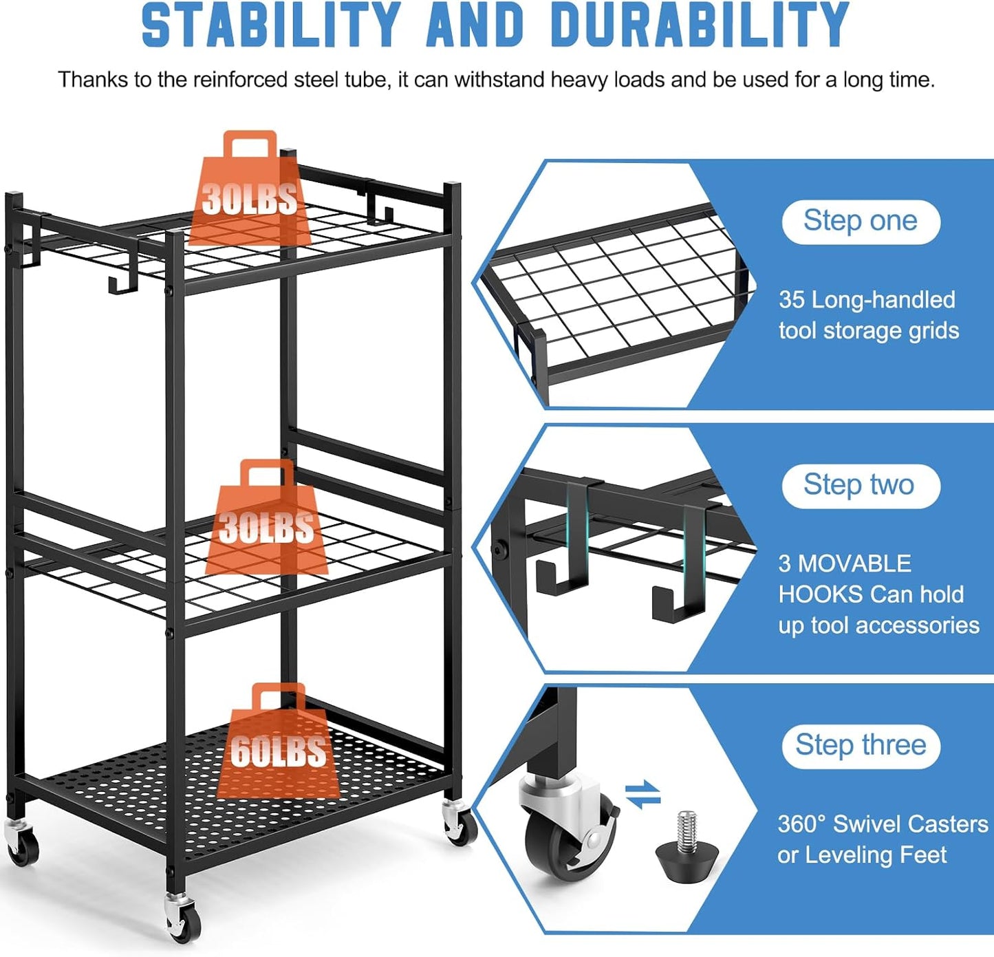 Garden Organizer With Wheels, Yard Tower Rack for Garage Storage, Up t