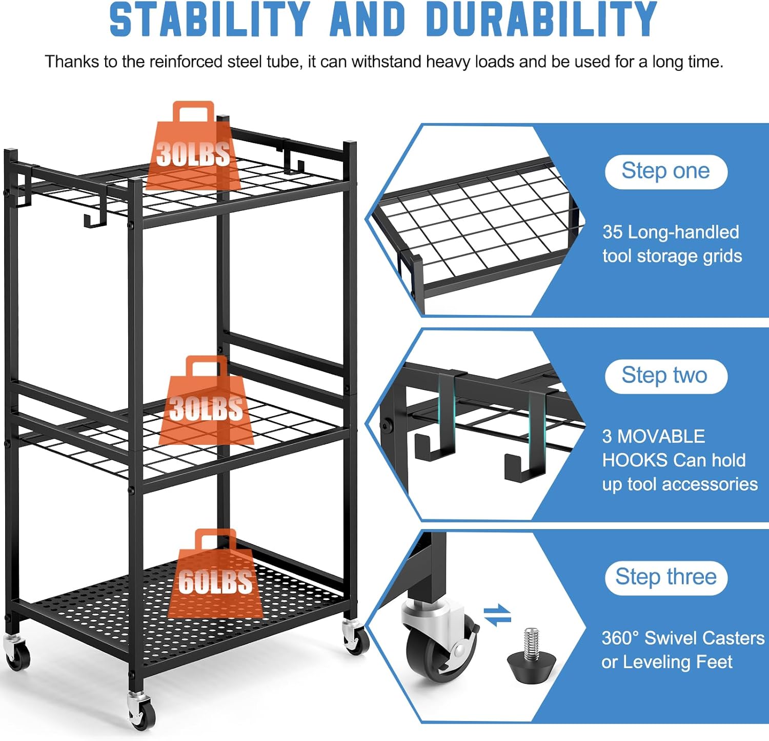 Garden Organizer With Wheels, Yard Tower Rack for Garage Storage, Up t